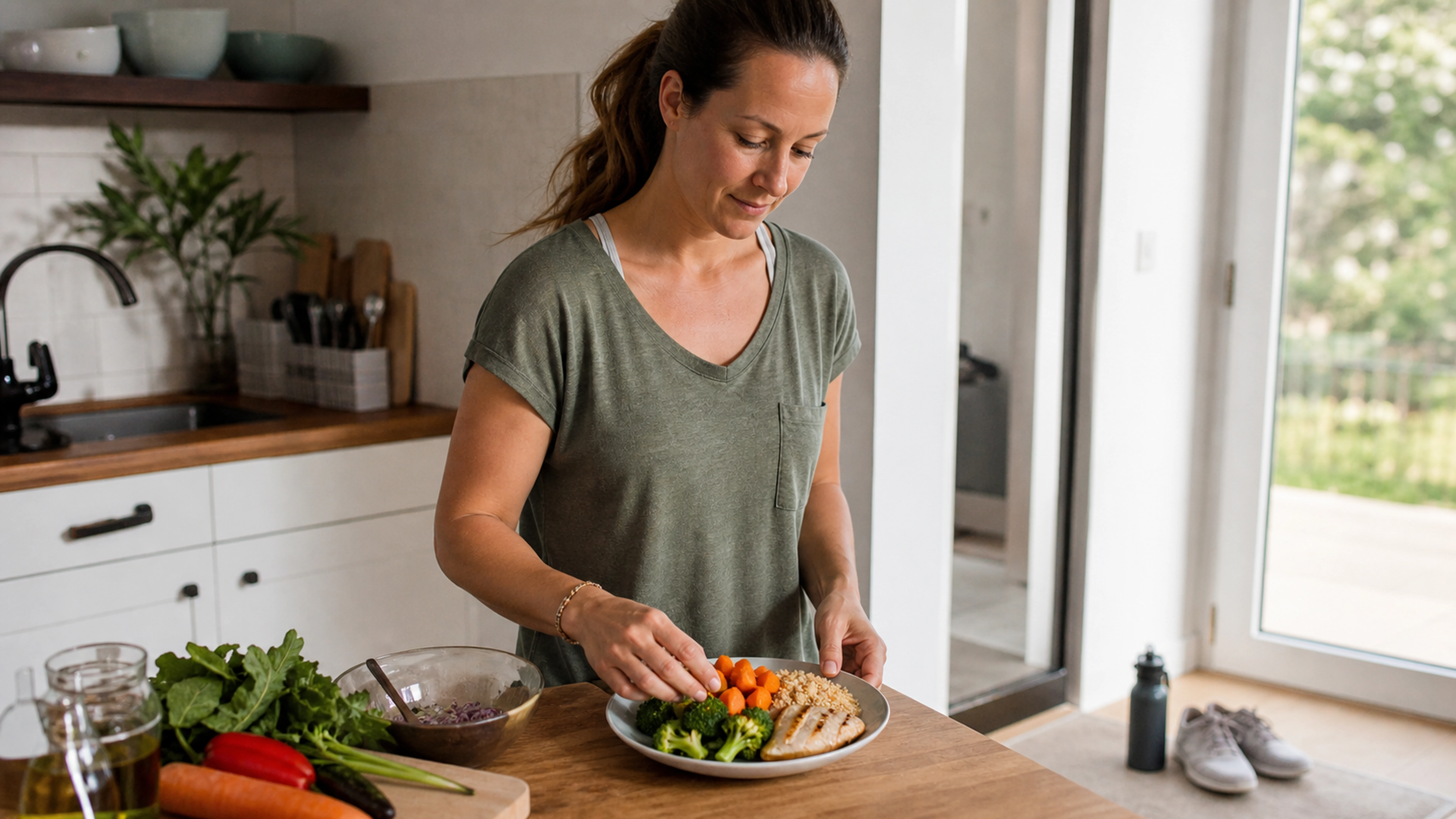 Adulte préparant un repas équilibré avec des chaussures de marche prêtes à proximité
