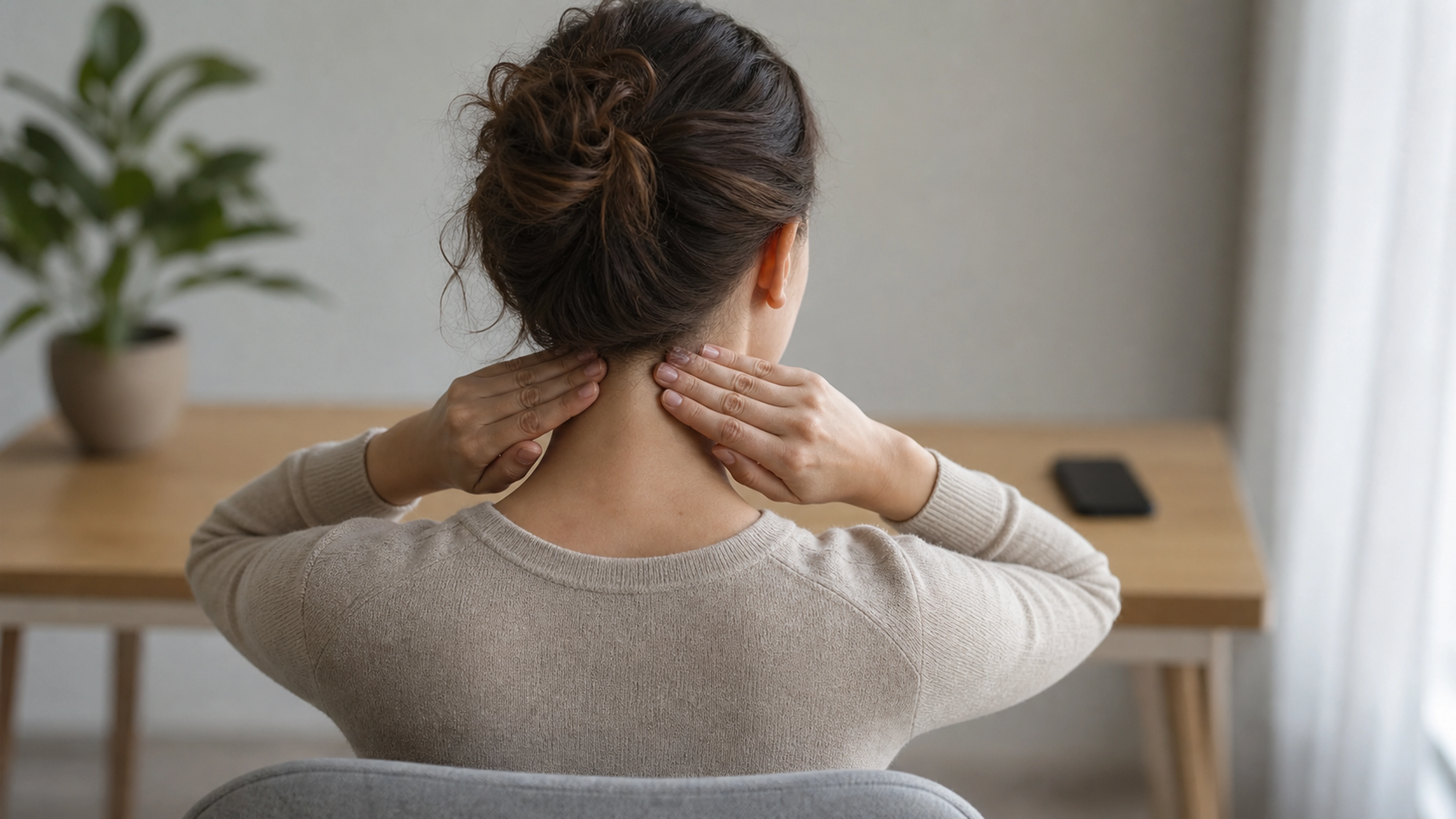Adulte pratiquant une pression douce à la base du crâne pour détendre la nuque