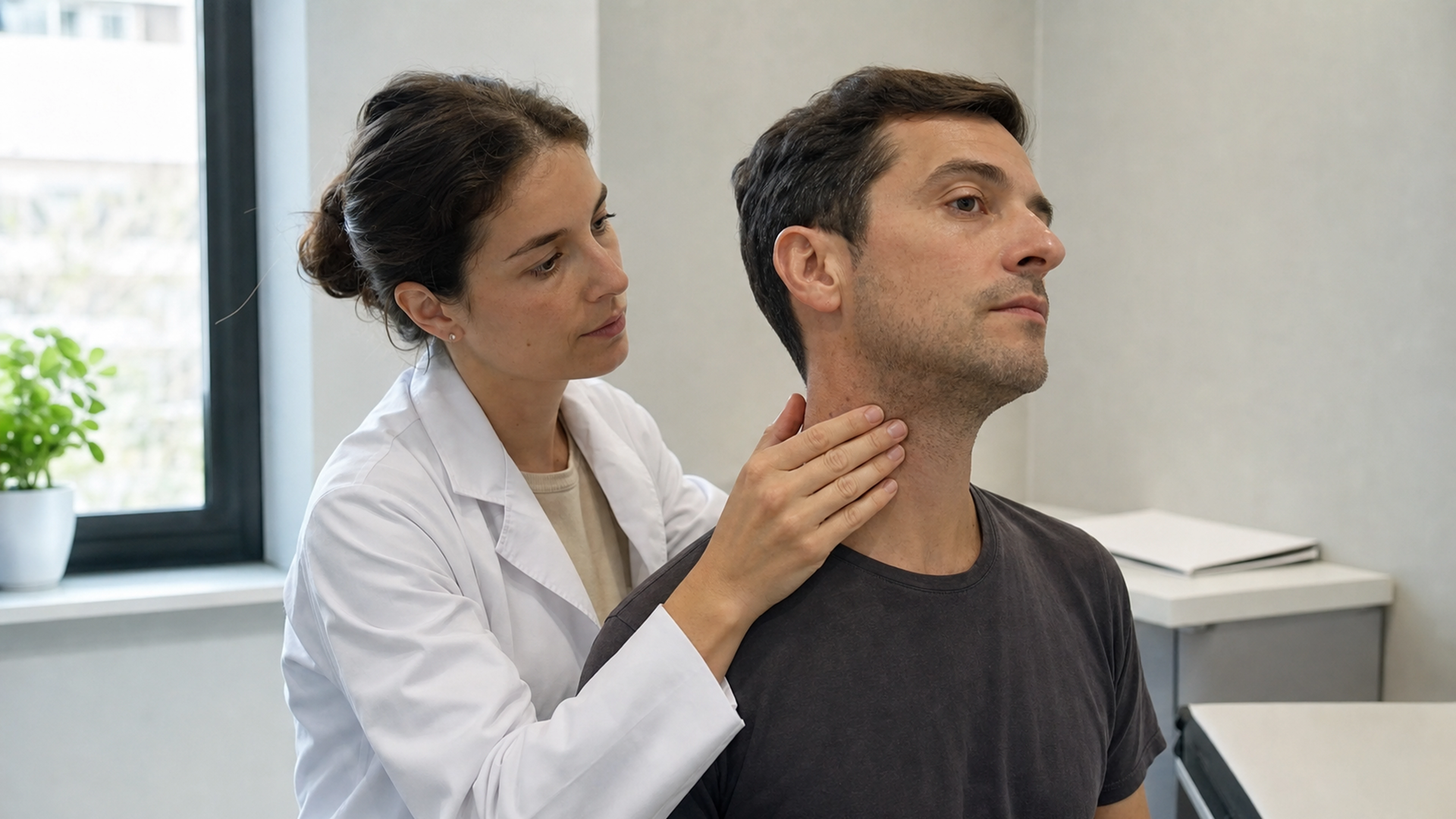 Médecin examinant doucement les ganglions du cou d'un patient en consultation