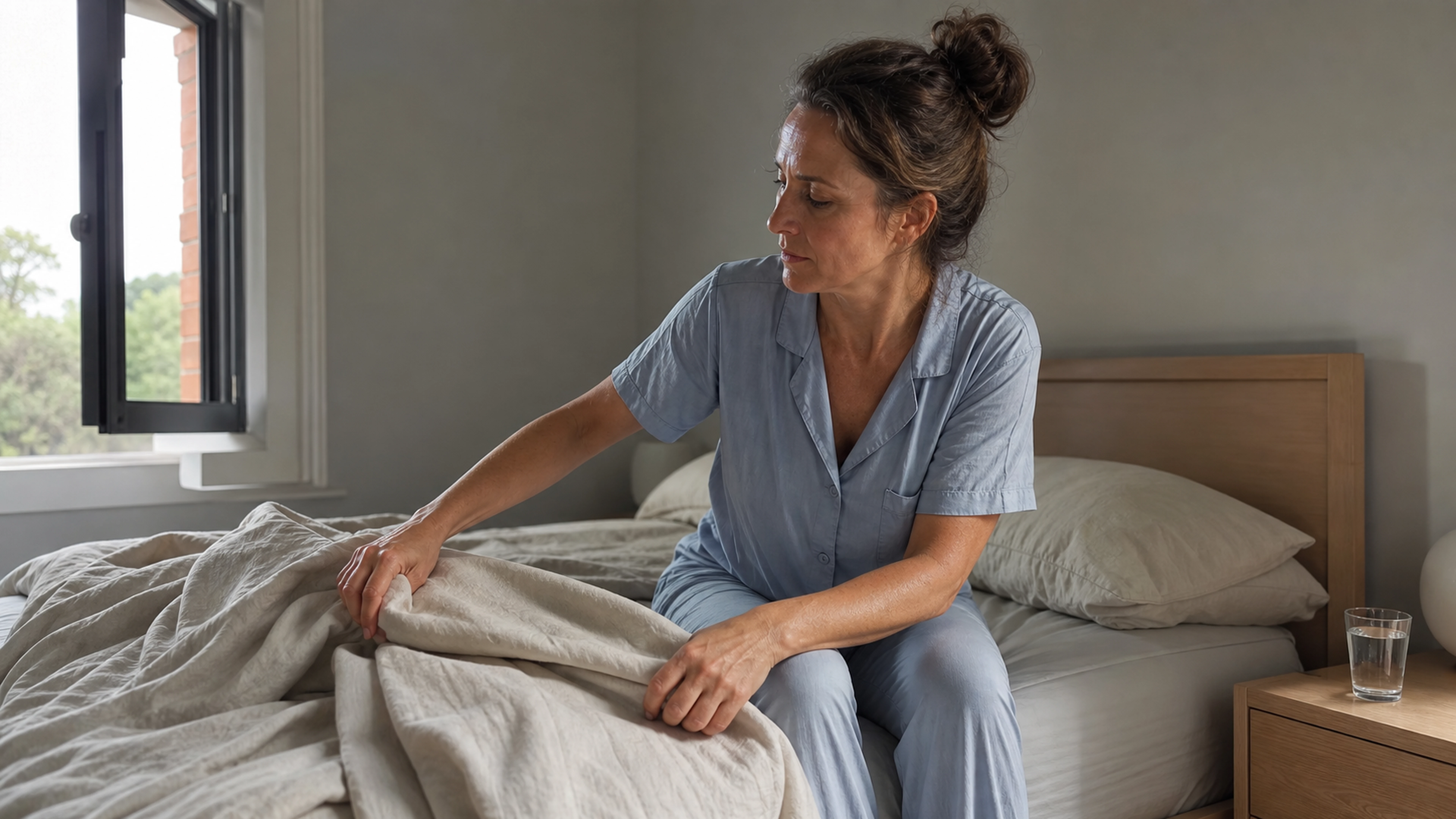 Adulte aérant sa chambre après un épisode de transpiration nocturne