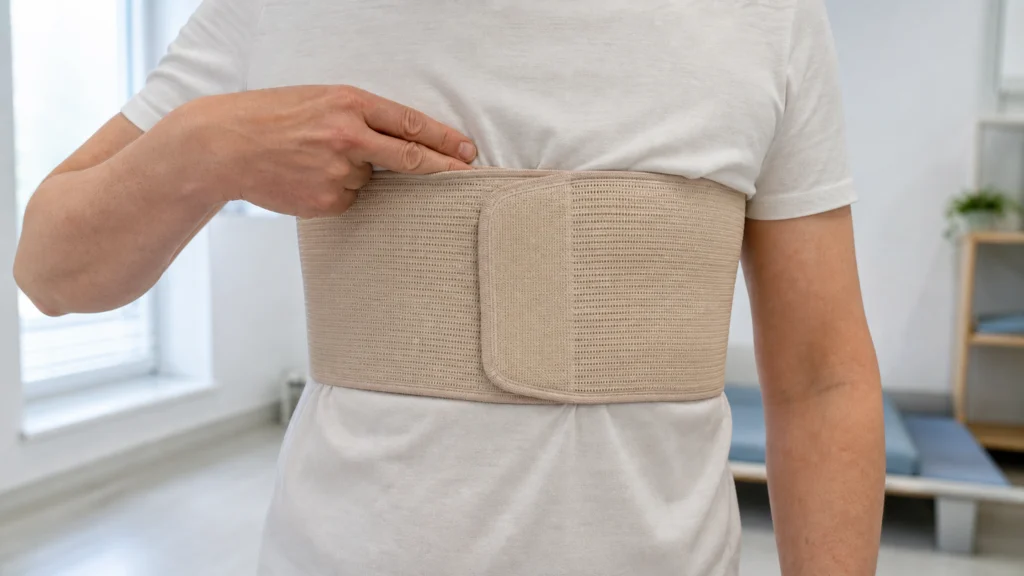 Personne ajustant prudemment une ceinture thoracique élastique sur un t-shirt fin