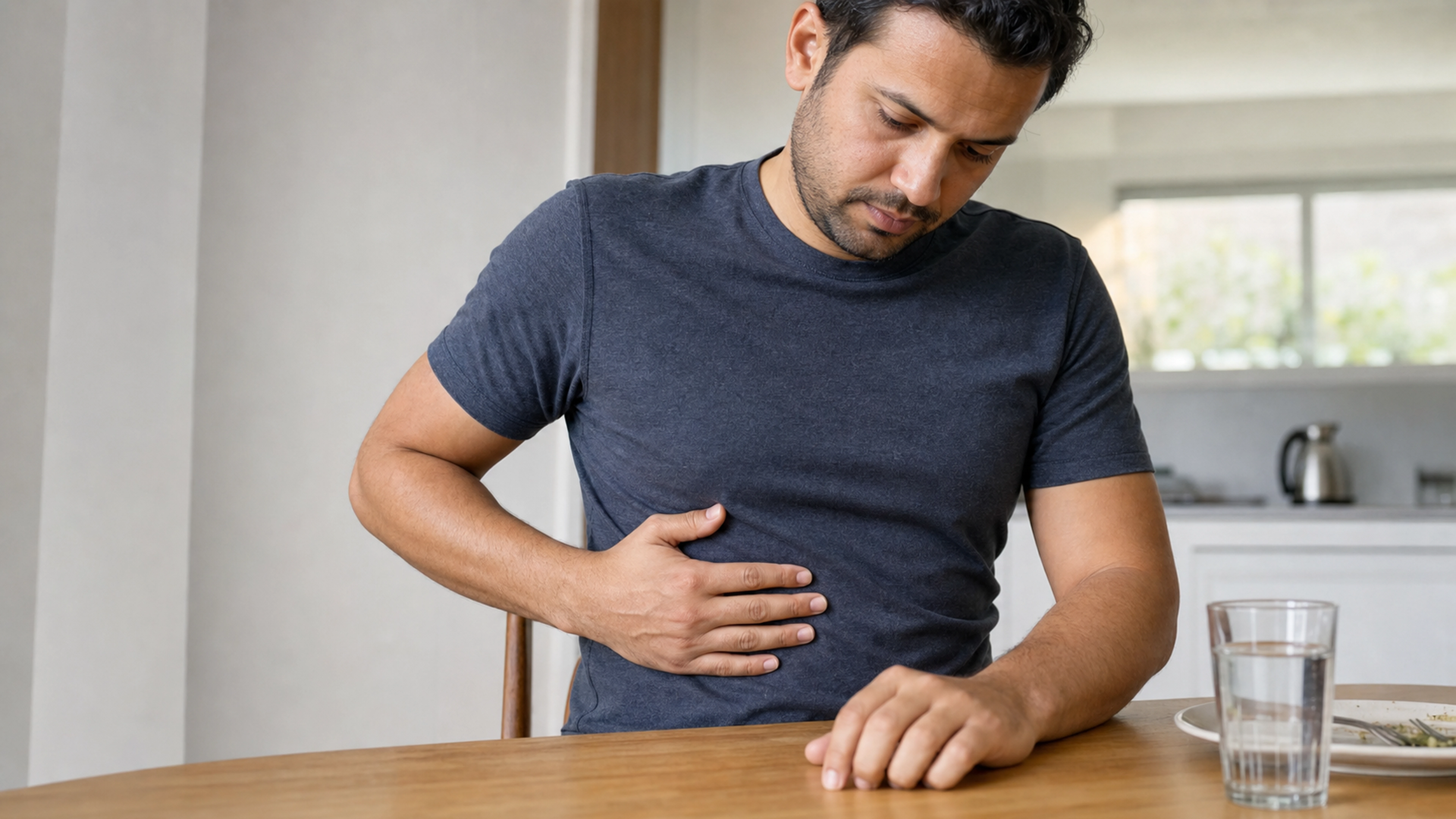 Adulte posant la main sous ses côtes droites en raison d’une gêne abdominale