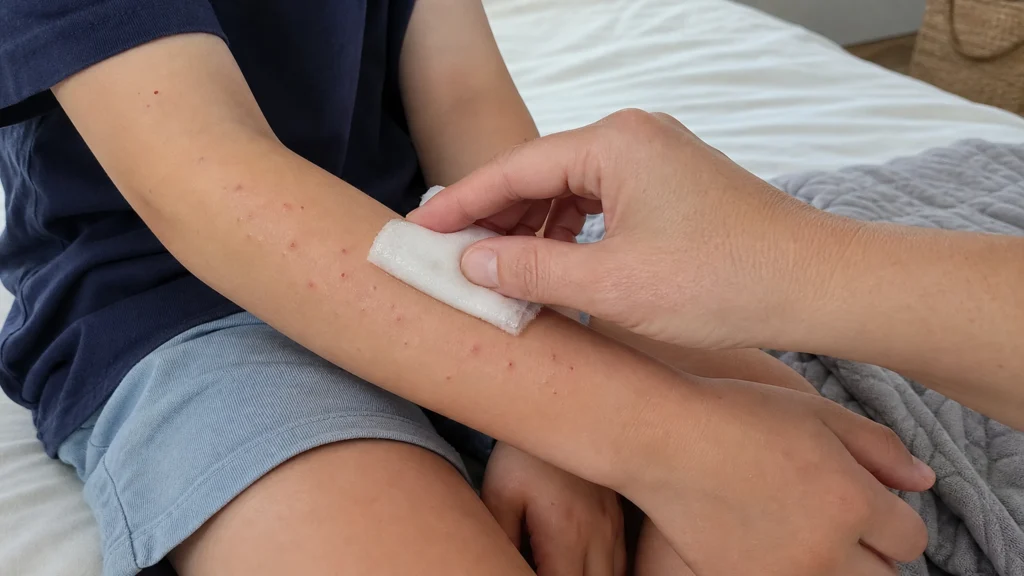 Parent appliquant une compresse fraîche sur le bras d’un enfant présentant de légers boutons de varicelle