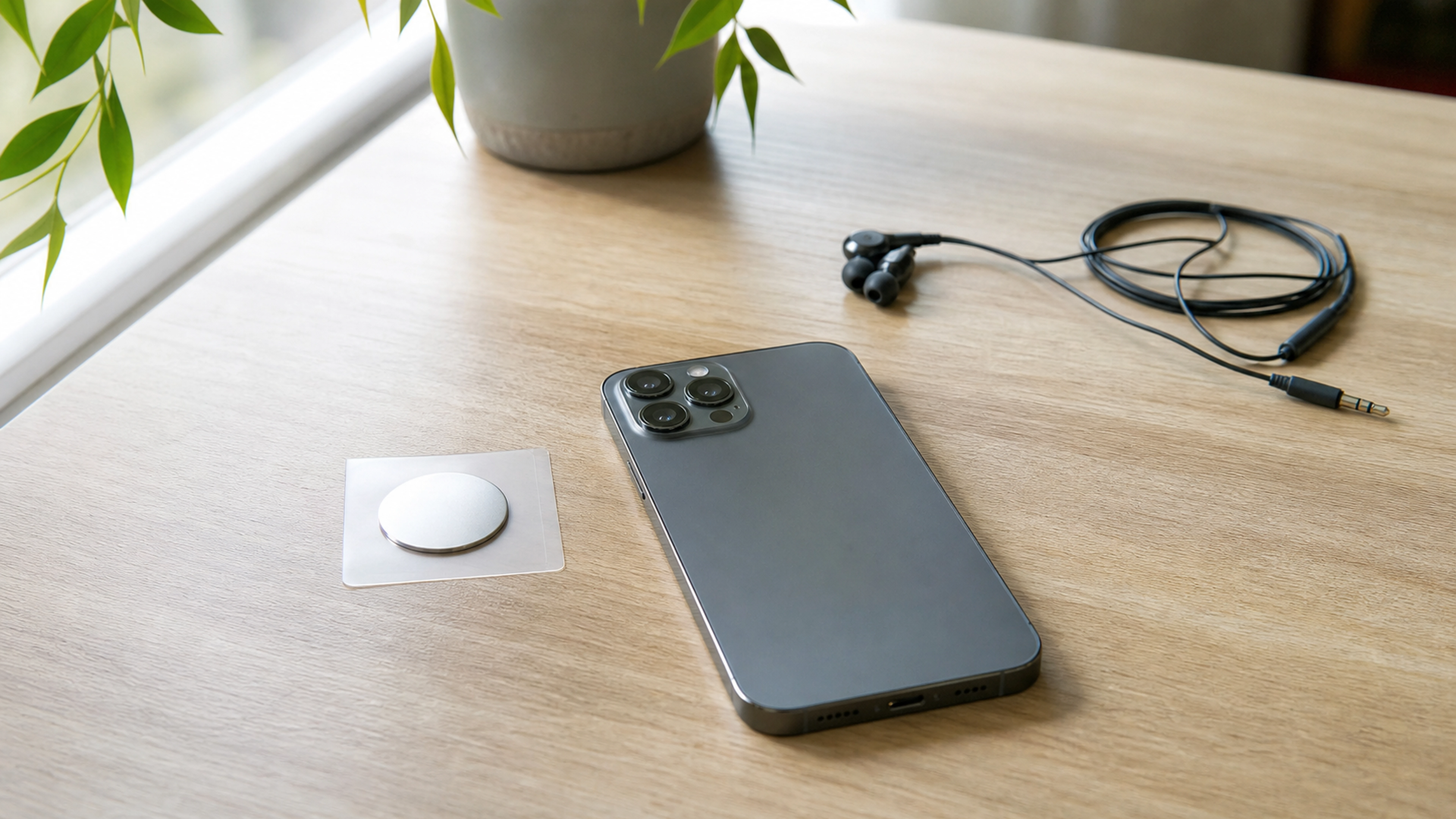 Smartphone générique, pastille anti-ondes vierge et kit mains-libres posés sur un bureau