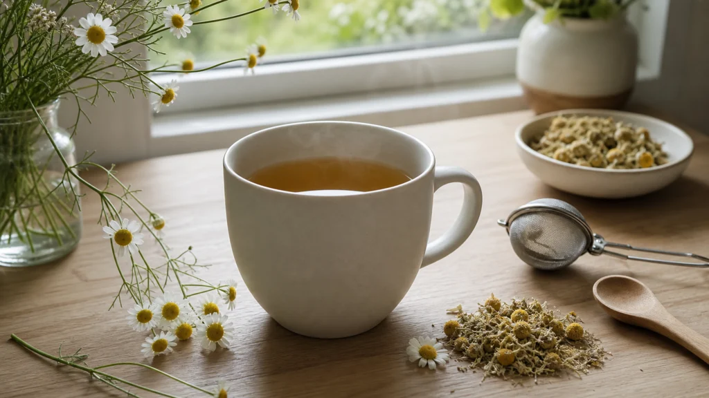 Infusion de camomille entourée de fleurs fraîches et séchées sur une table claire
