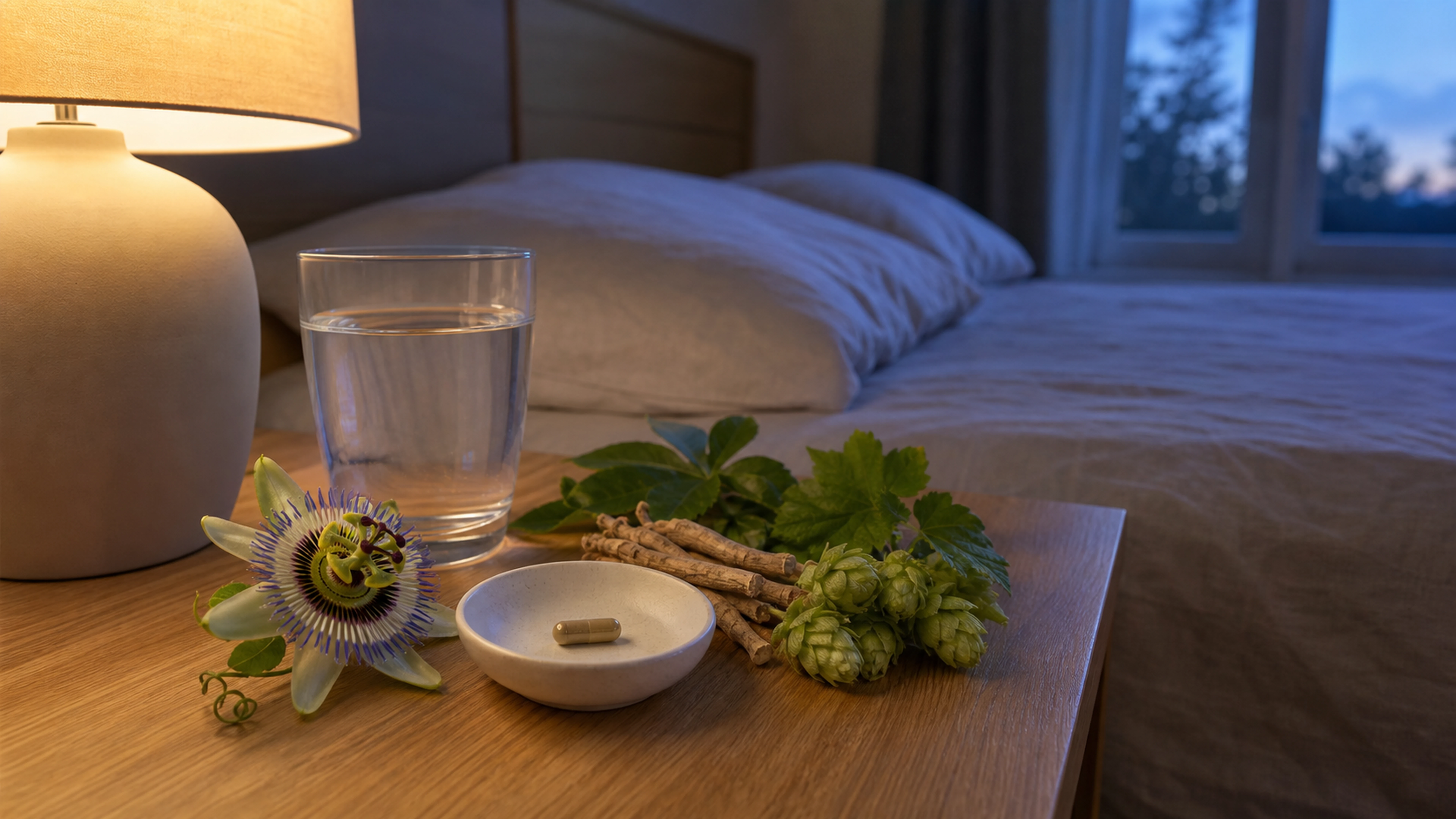 Verre d’eau, gélule neutre et plantes près d’un lit au moment du coucher