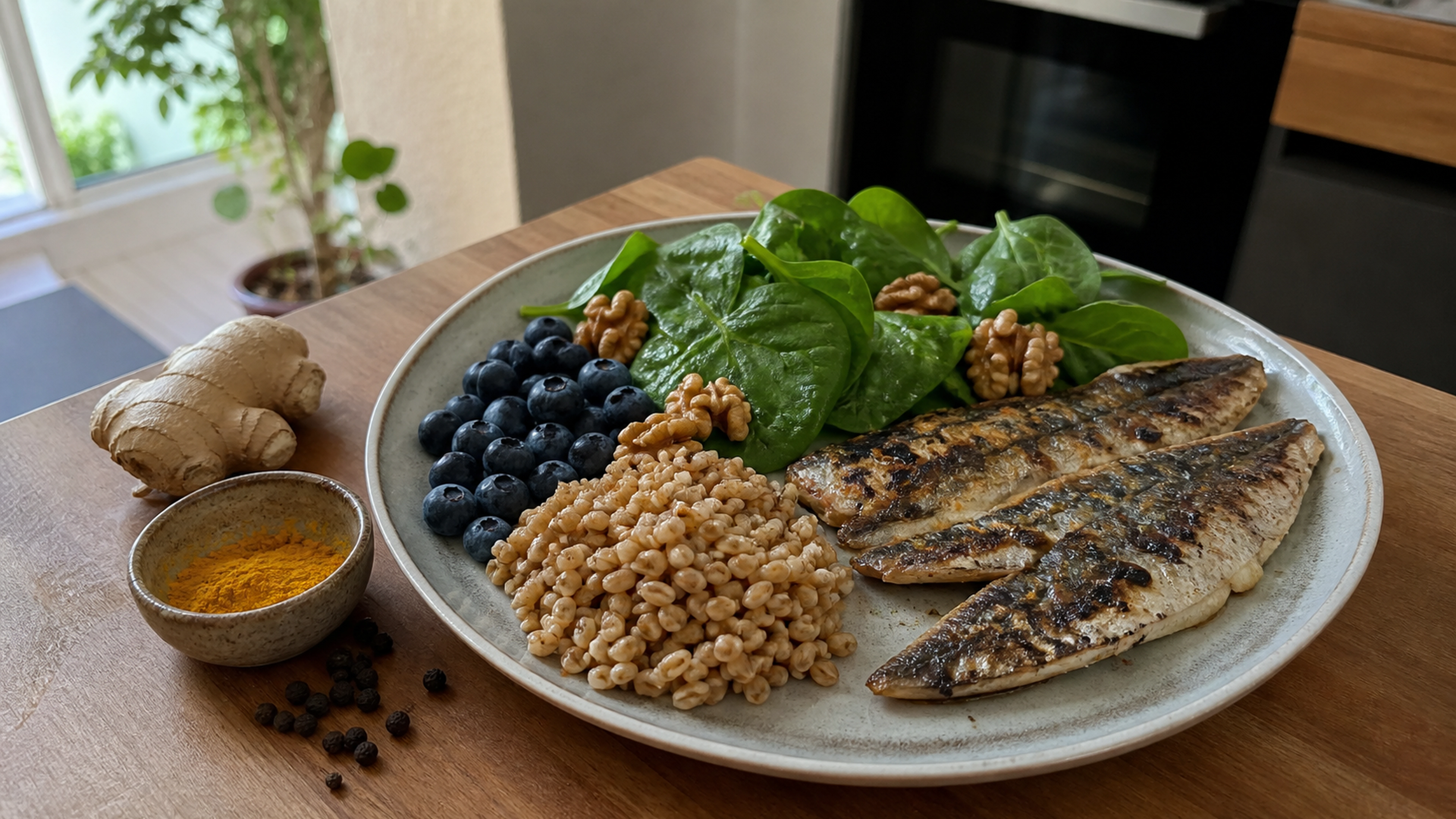 Assiette de sardines, épinards, myrtilles, noix et céréales complètes dans une cuisine lumineuse