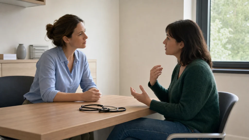 Médecin à l’écoute d’un patient adulte lors d’une consultation dans un cabinet lumineux