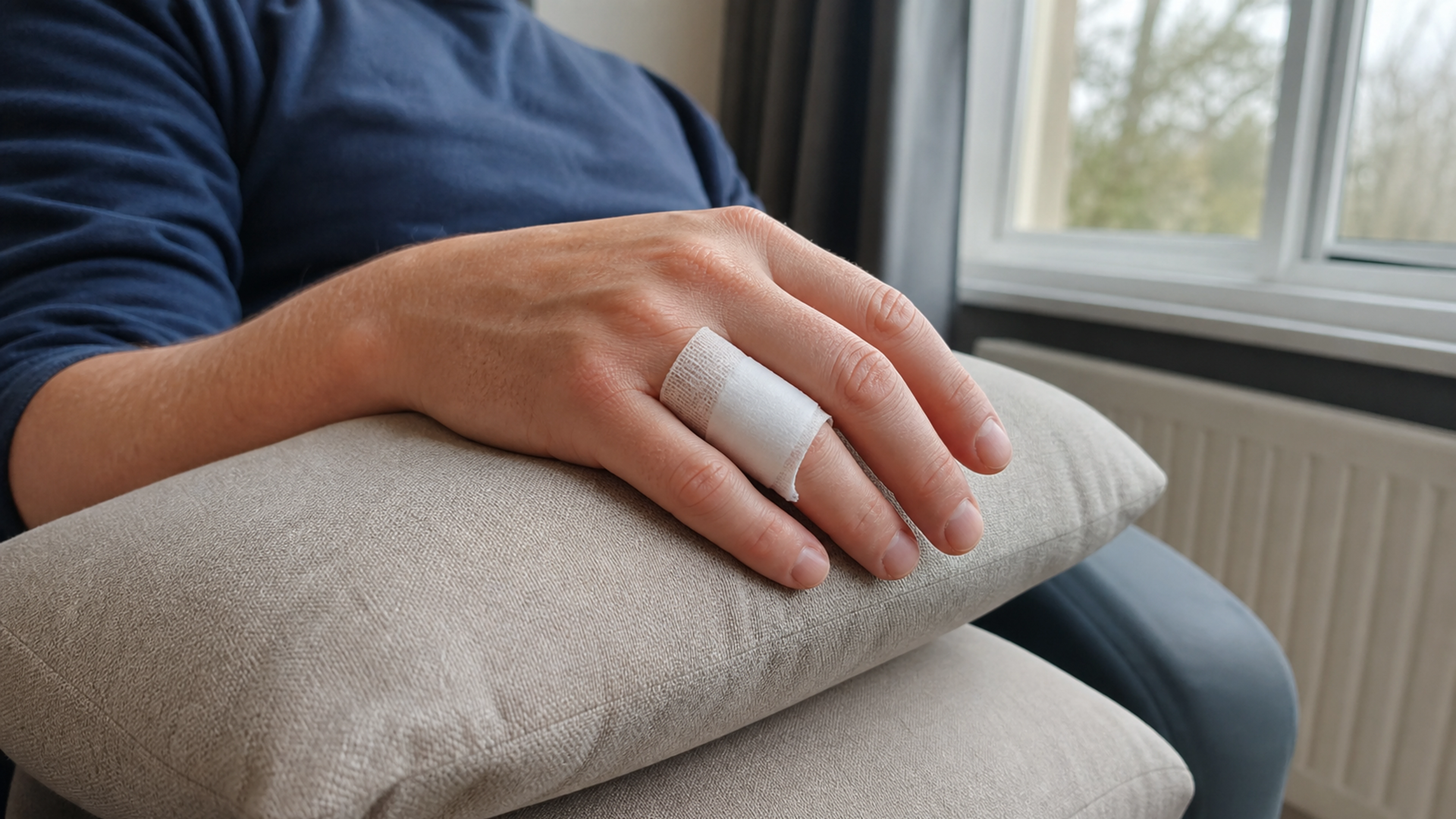 Main surélevée sur des coussins avec un doigt protégé par un pansement postopératoire propre
