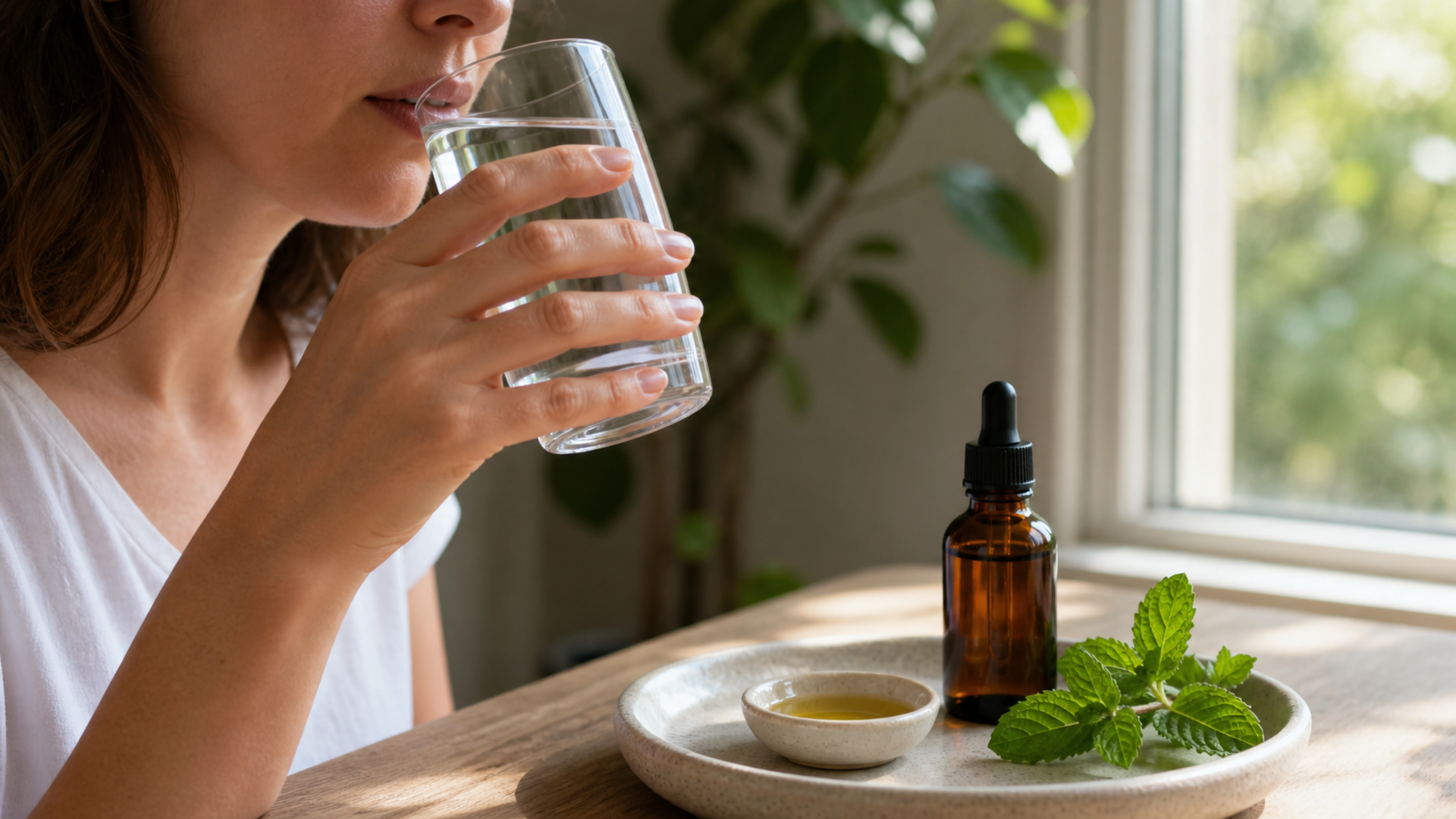 Adulte portant un verre d'eau à ses lèvres près d'un flacon ambré sans étiquette et de feuilles de menthe