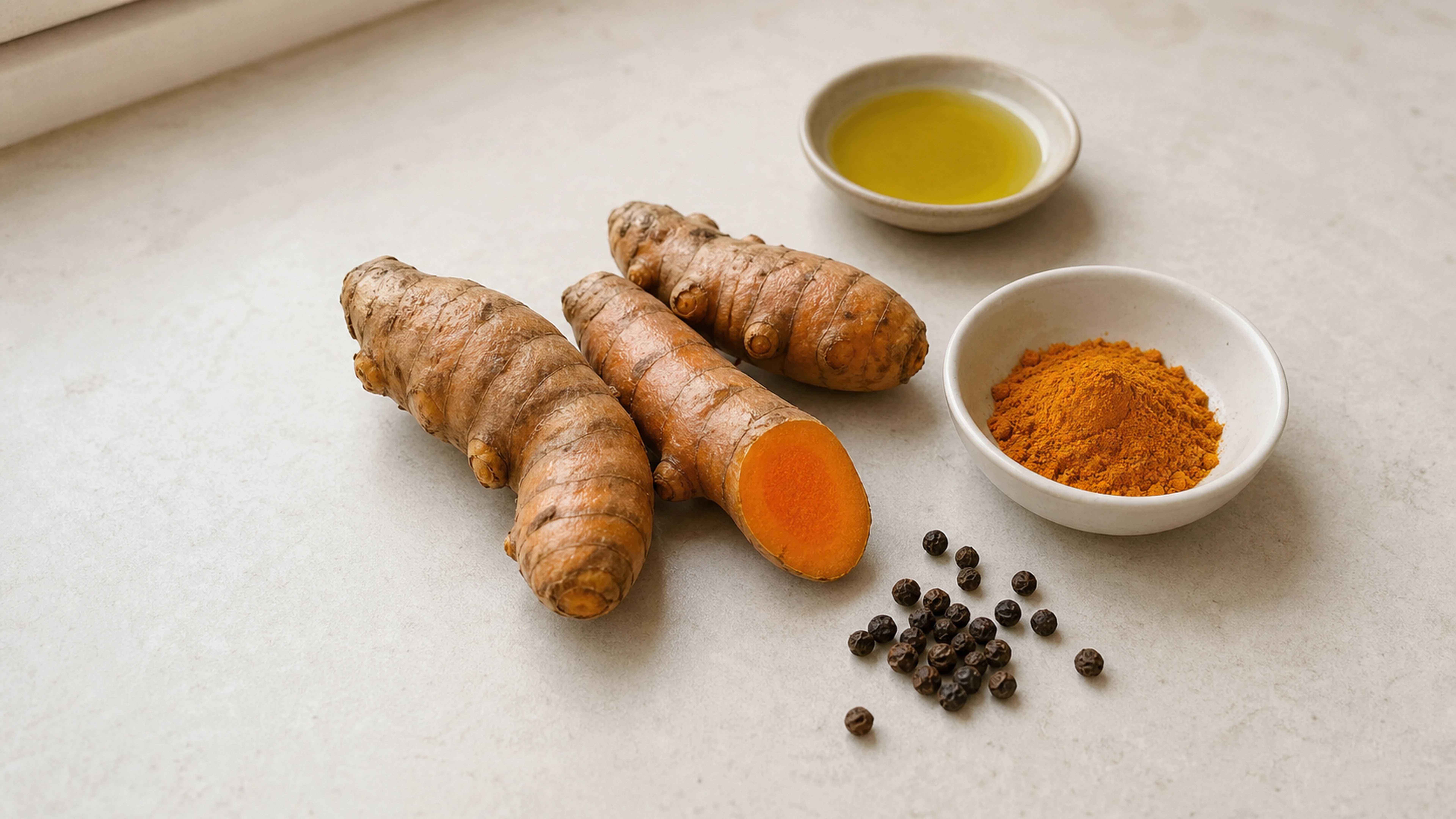 Curcuma frais et moulu avec poivre noir et huile d'olive dans une cuisine