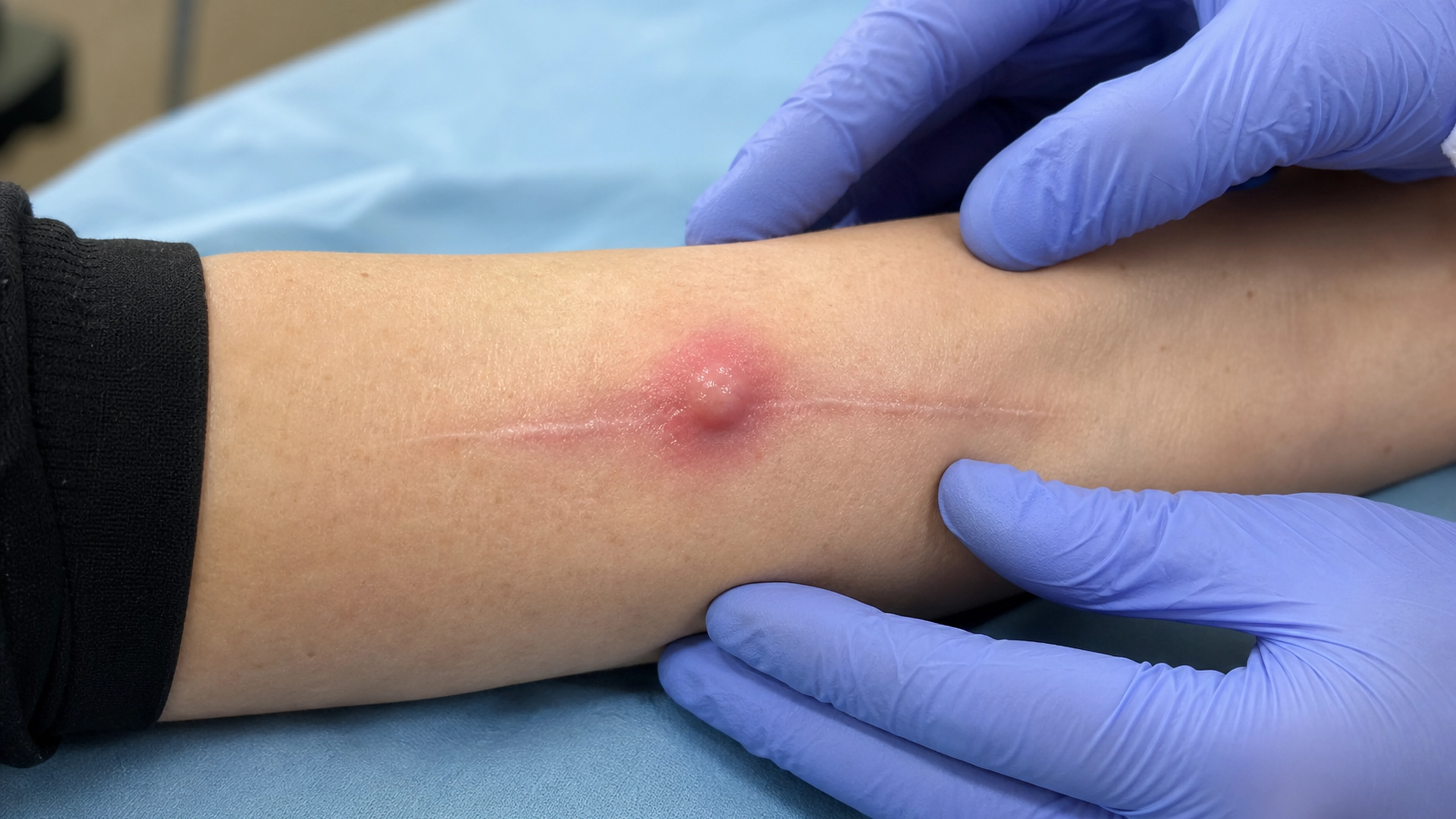 Professionnelle de santé examinant une tuméfaction rouge sur une cicatrice
