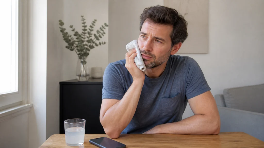Adulte appliquant une compresse froide enveloppée sur sa joue en attendant un rendez-vous dentaire