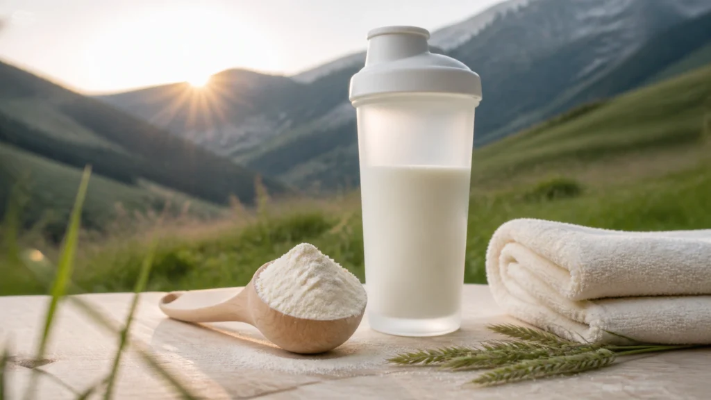 Dose de protéine whey bio avec shaker devant une prairie alpine