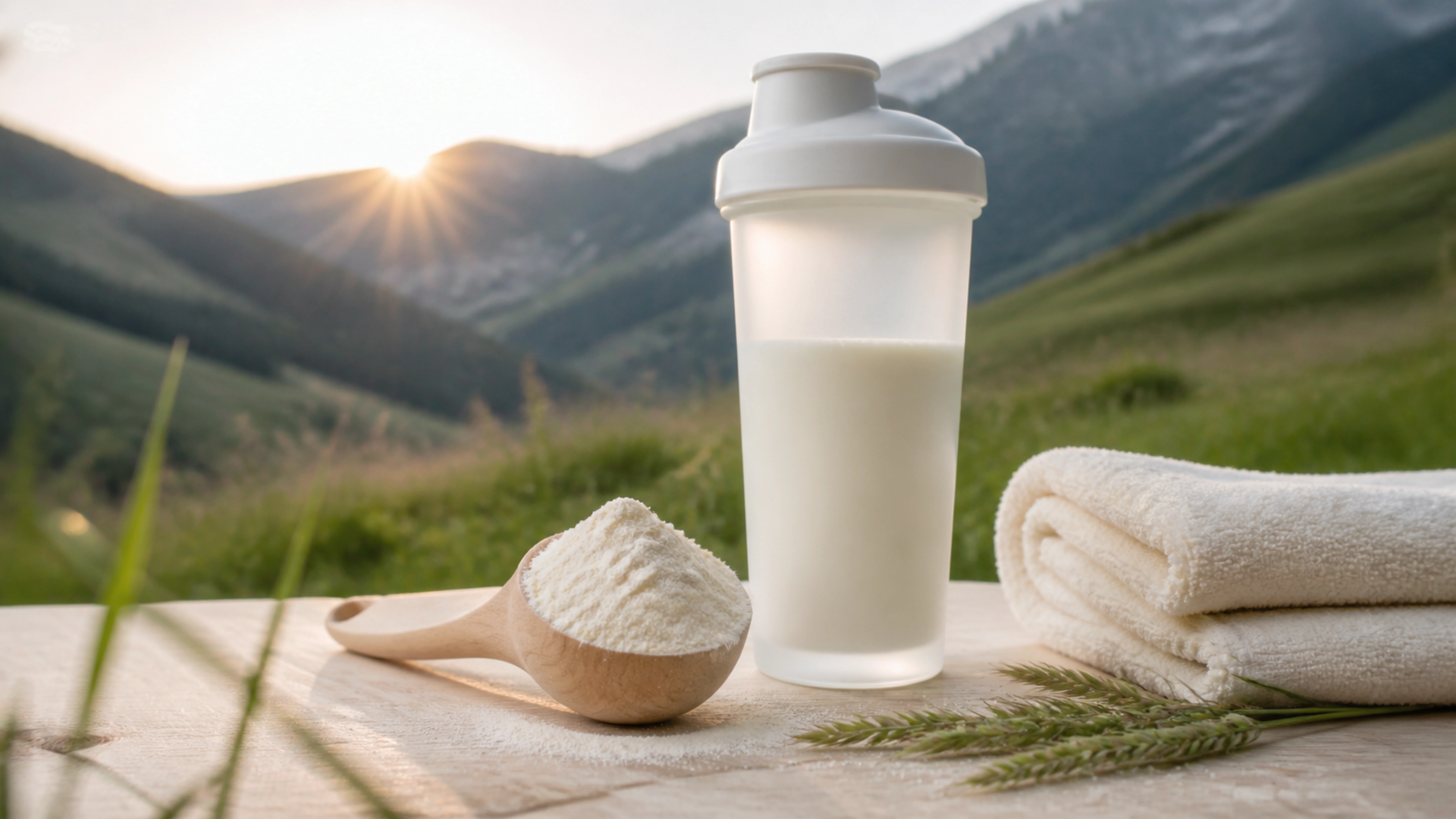 Dose de protéine whey bio avec shaker devant une prairie alpine