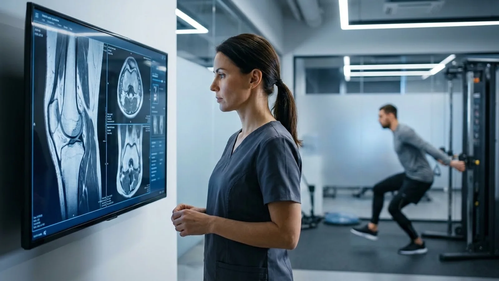 Médecin consultant une IRM du genou dans un centre de médecine du sport