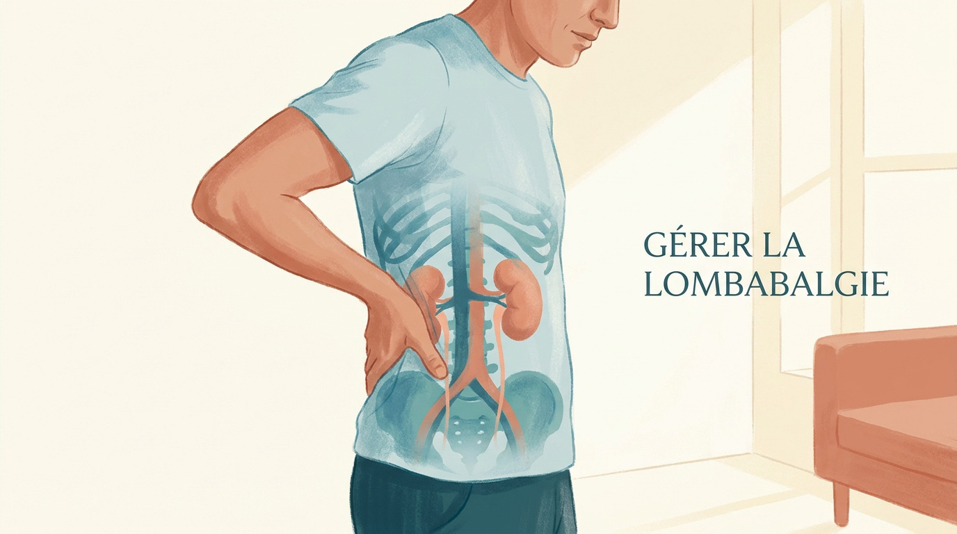 Illustration d'une personne souffrant d'une douleur lombaire localisée en bas à gauche