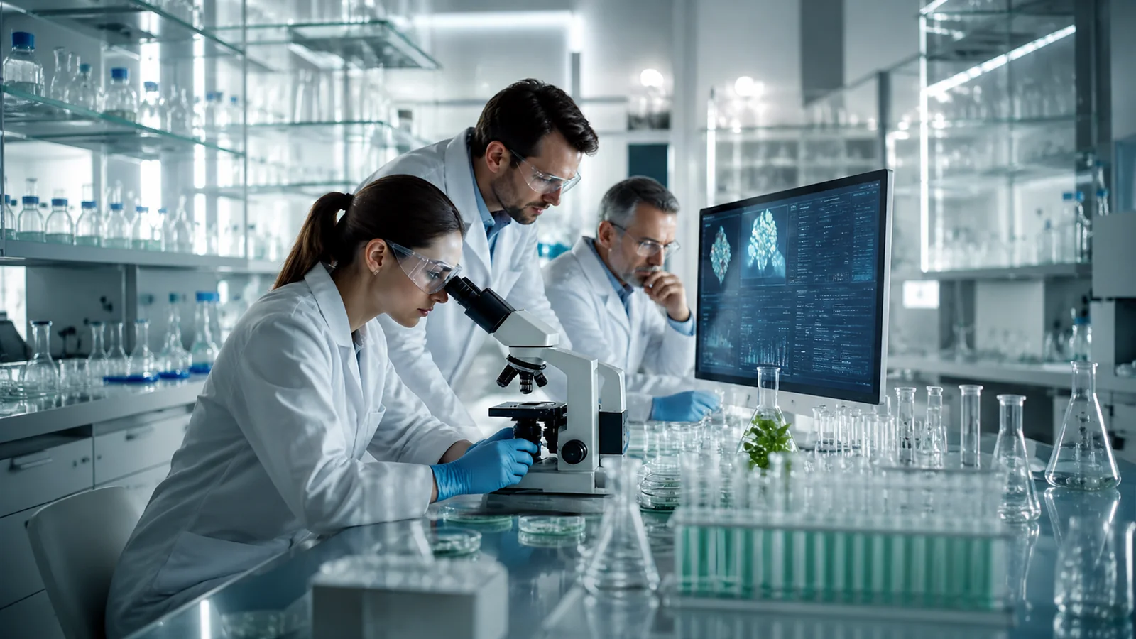 Chercheurs analysant un traitement potentiel en laboratoire préclinique