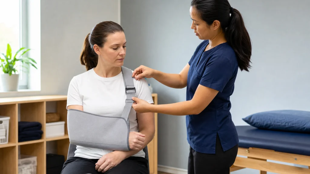 Patient portant une echarpe d immobilisation de l epaule lors d un suivi avec un kinesitherapeute