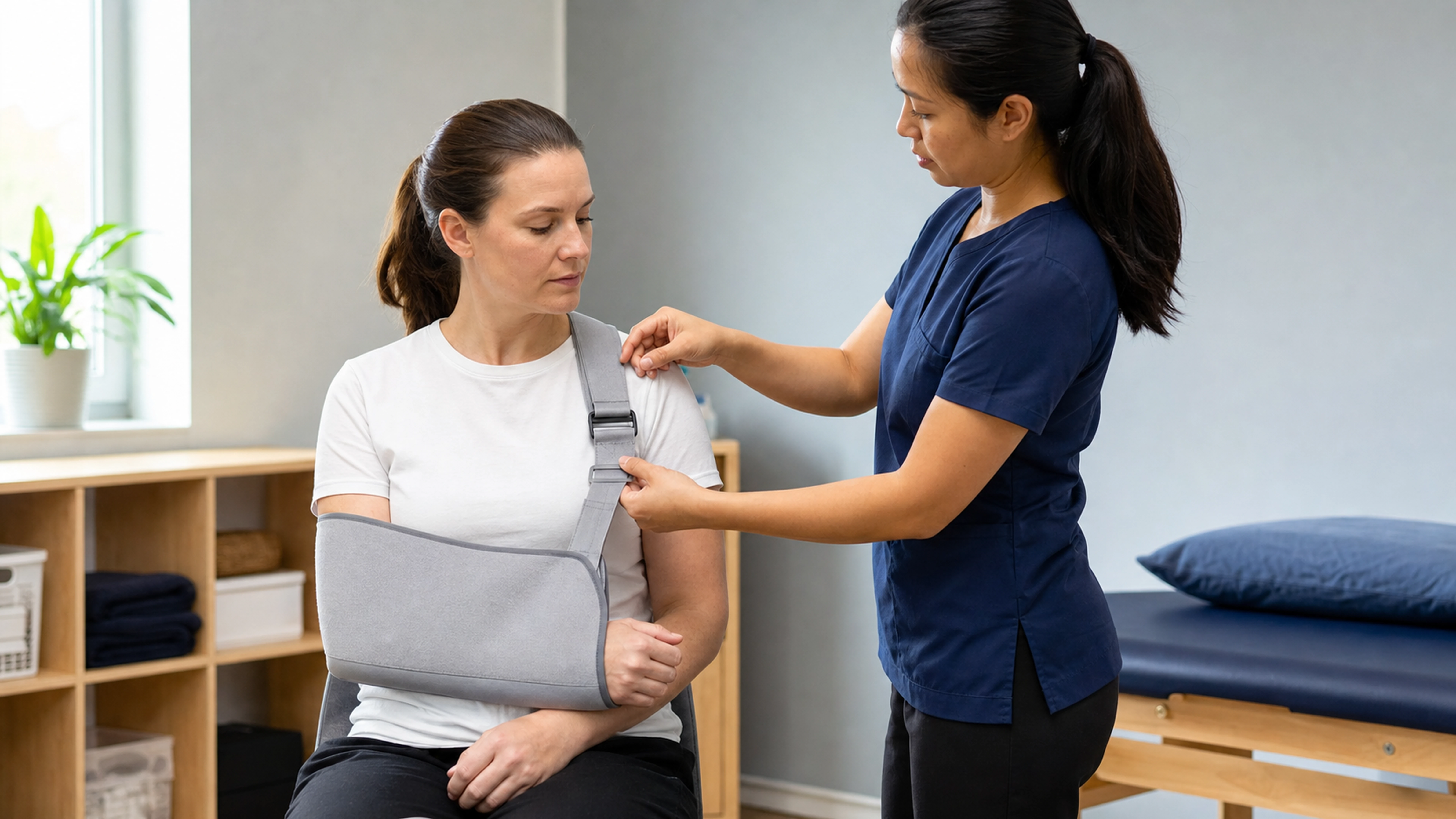 Patient portant une echarpe d immobilisation de l epaule lors d un suivi avec un kinesitherapeute