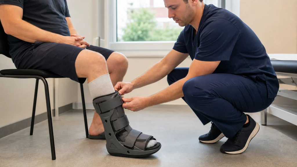 Professionnel de santé ajustant une botte de marche amovible sur le pied d’un patient assis