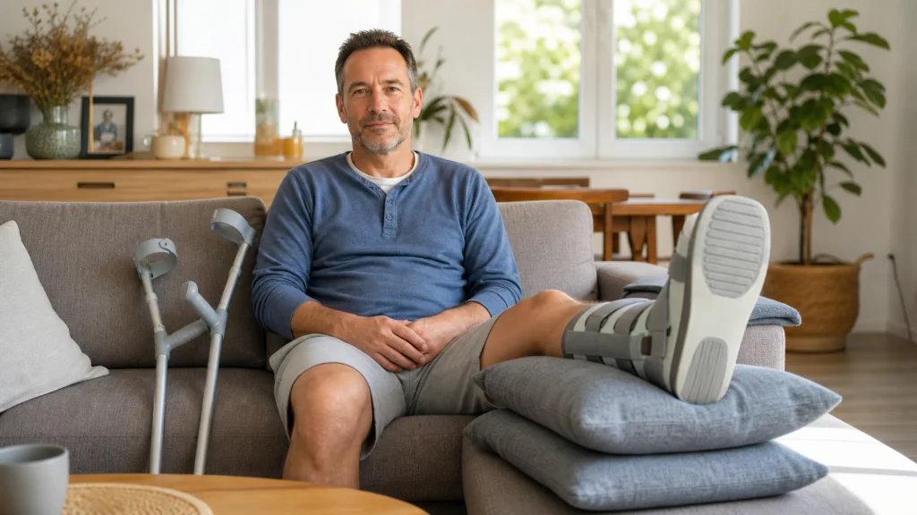 Personne en convalescence avec cheville immobilisée et jambe surélevée
