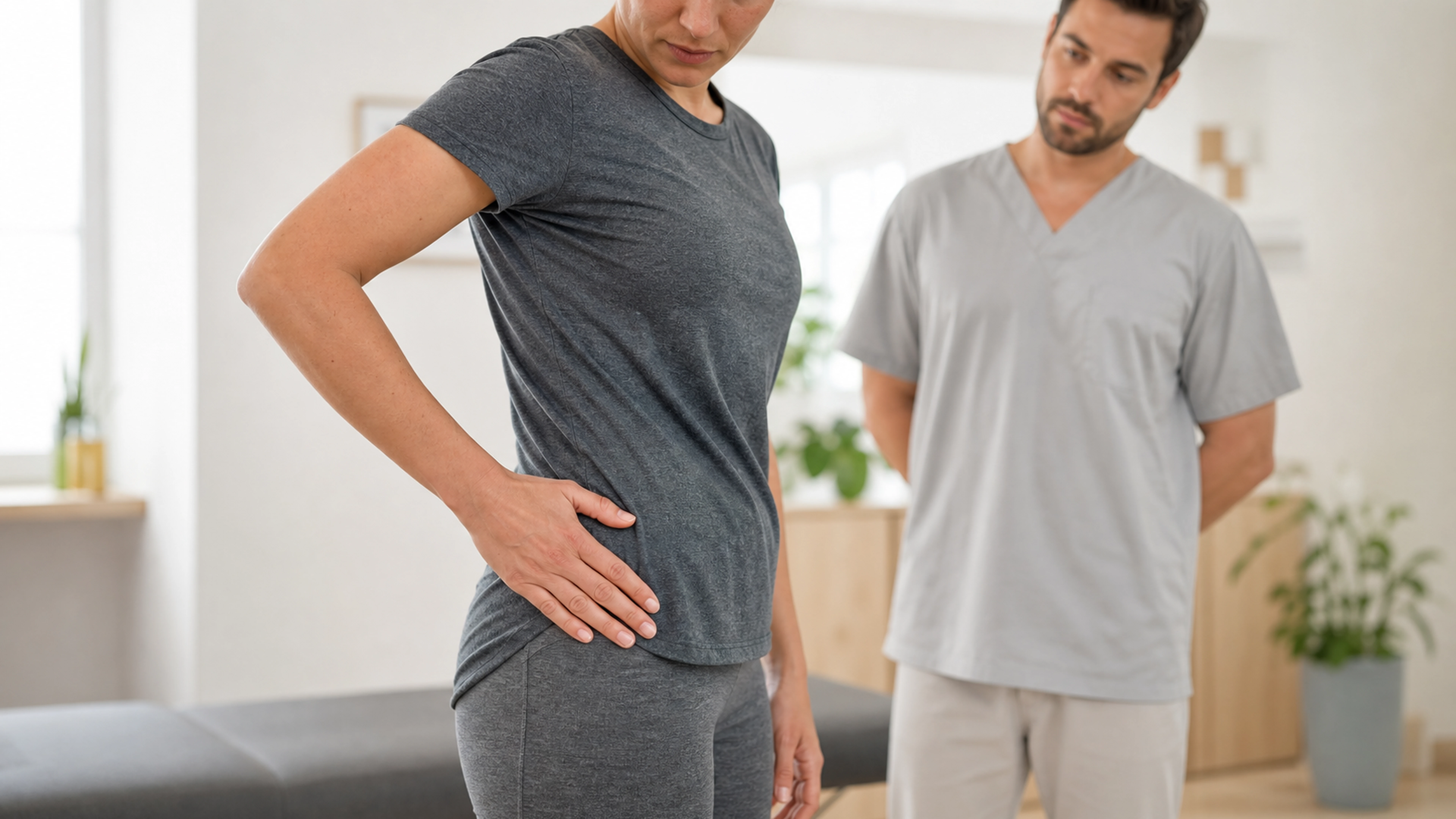Femme réalisant un exercice doux de renforcement de la hanche avec une kinésithérapeute
