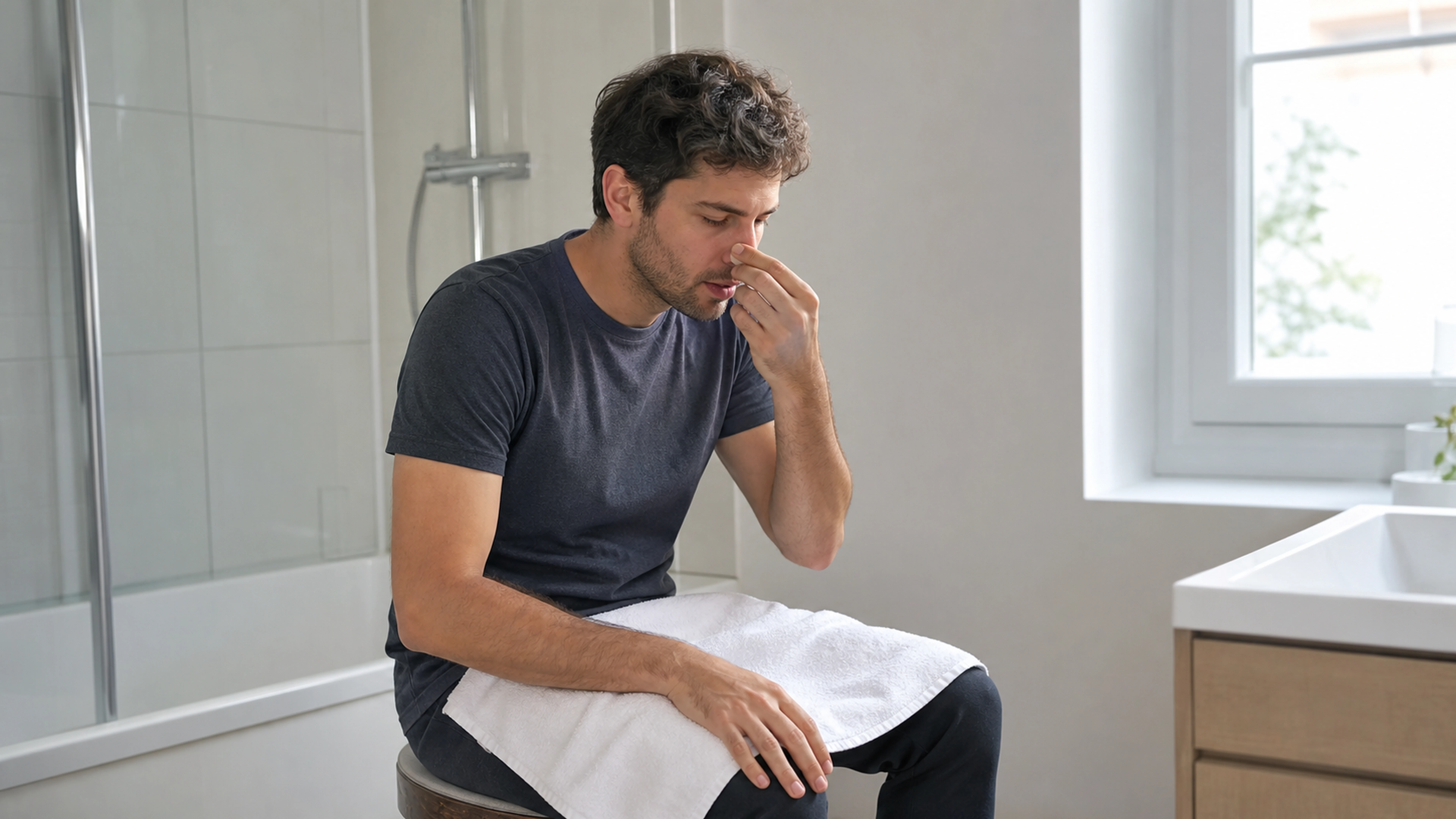 Adulte assis la tête inclinée vers l’avant et pinçant la partie souple de son nez