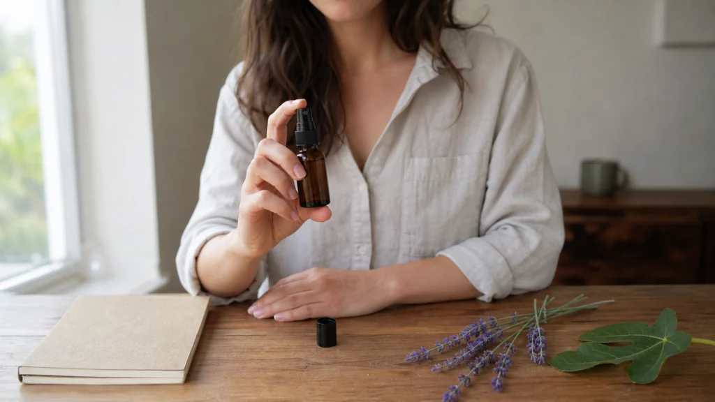 Petit spray buccal ambré sans étiquette près de lavande et de feuilles de figuier