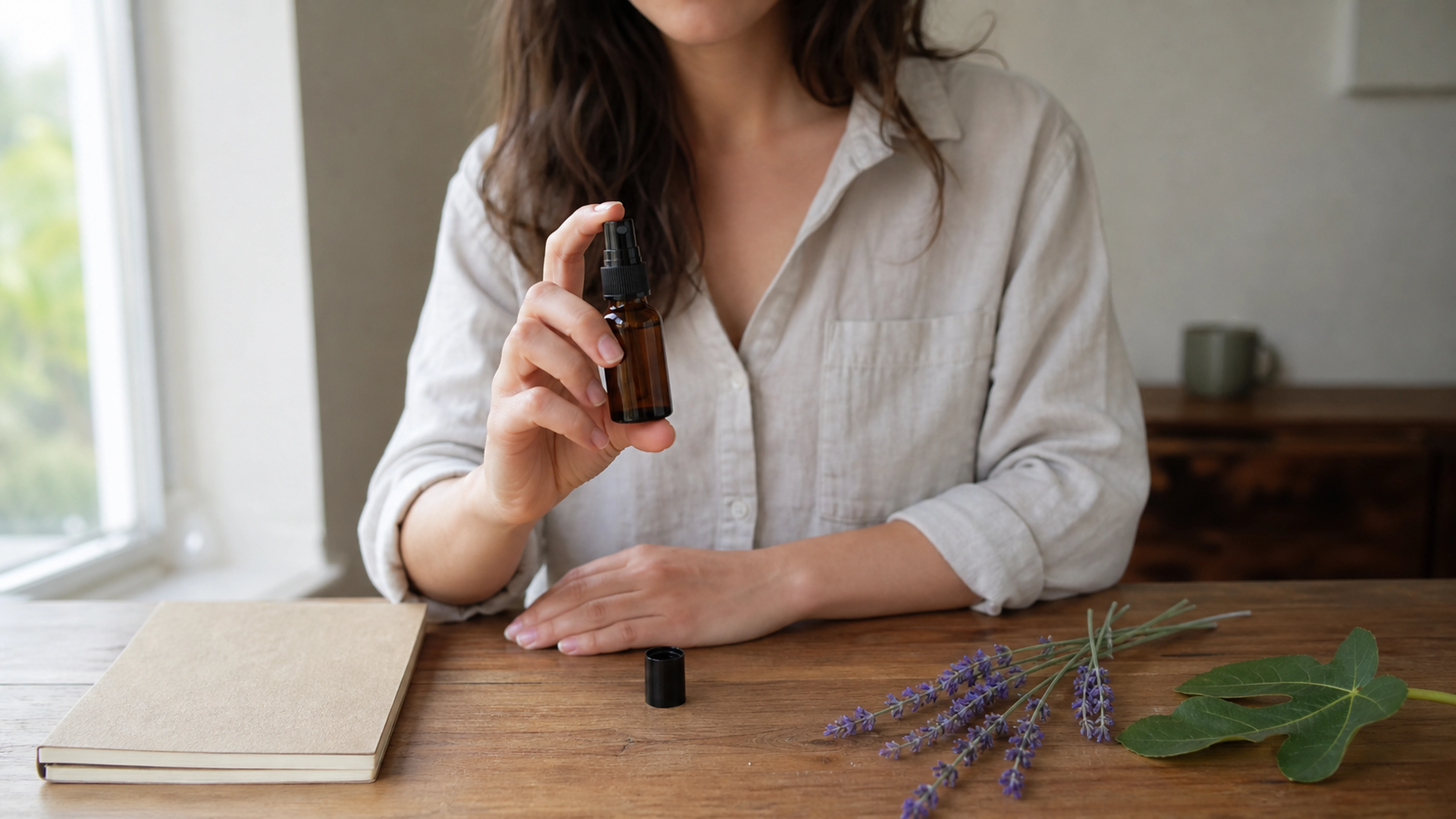Petit spray buccal ambré sans étiquette près de lavande et de feuilles de figuier