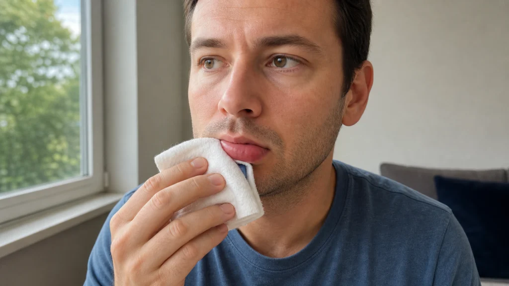 Adulte appliquant une poche froide enveloppée dans un linge directement sur une lèvre légèrement gonflée