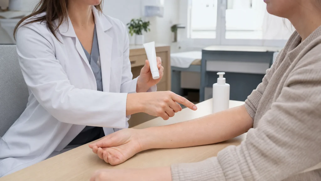 Médecin expliquant à une patiente l’usage encadré d’une crème pour l’eczéma