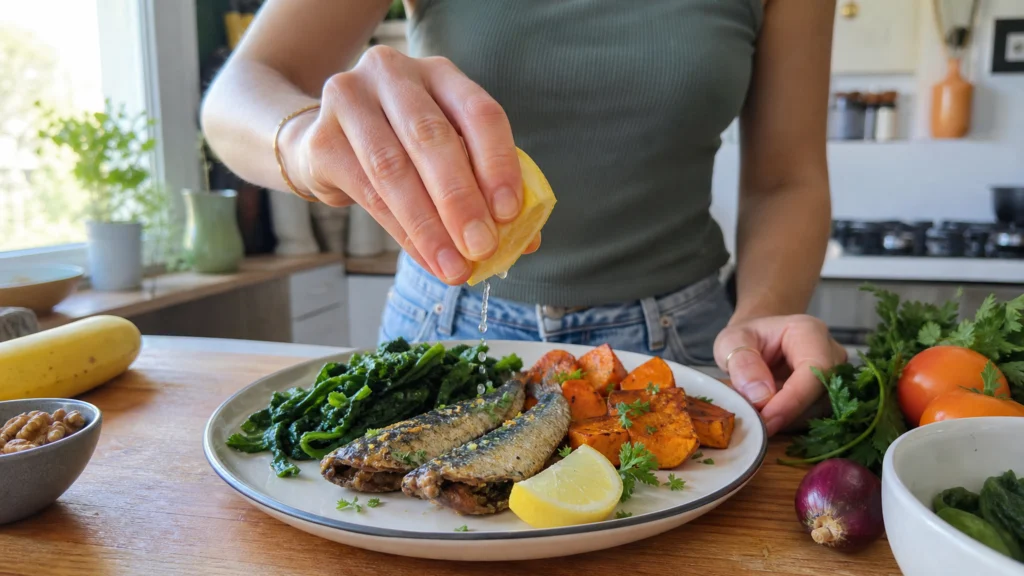 Assiette maison avec épinards, patate douce et sardines dans une cuisine lumineuse