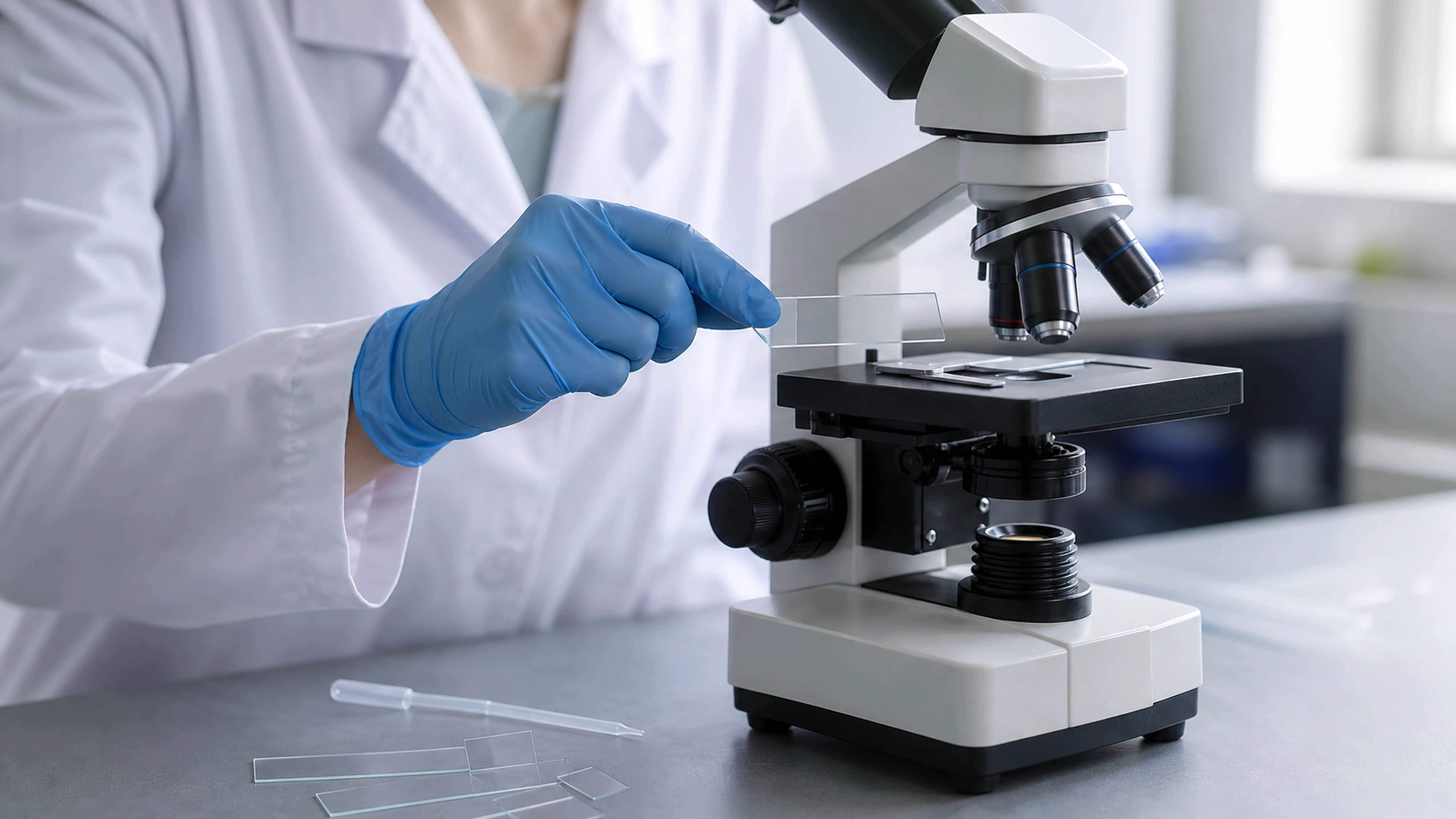 Technicienne préparant une lame pour l'analyse microscopique de la flore vaginale