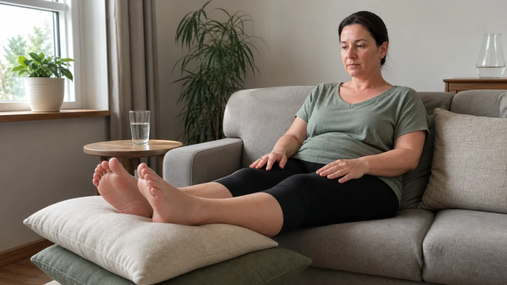 Personne assise sur un canapé avec les pieds surélevés et les mains au repos