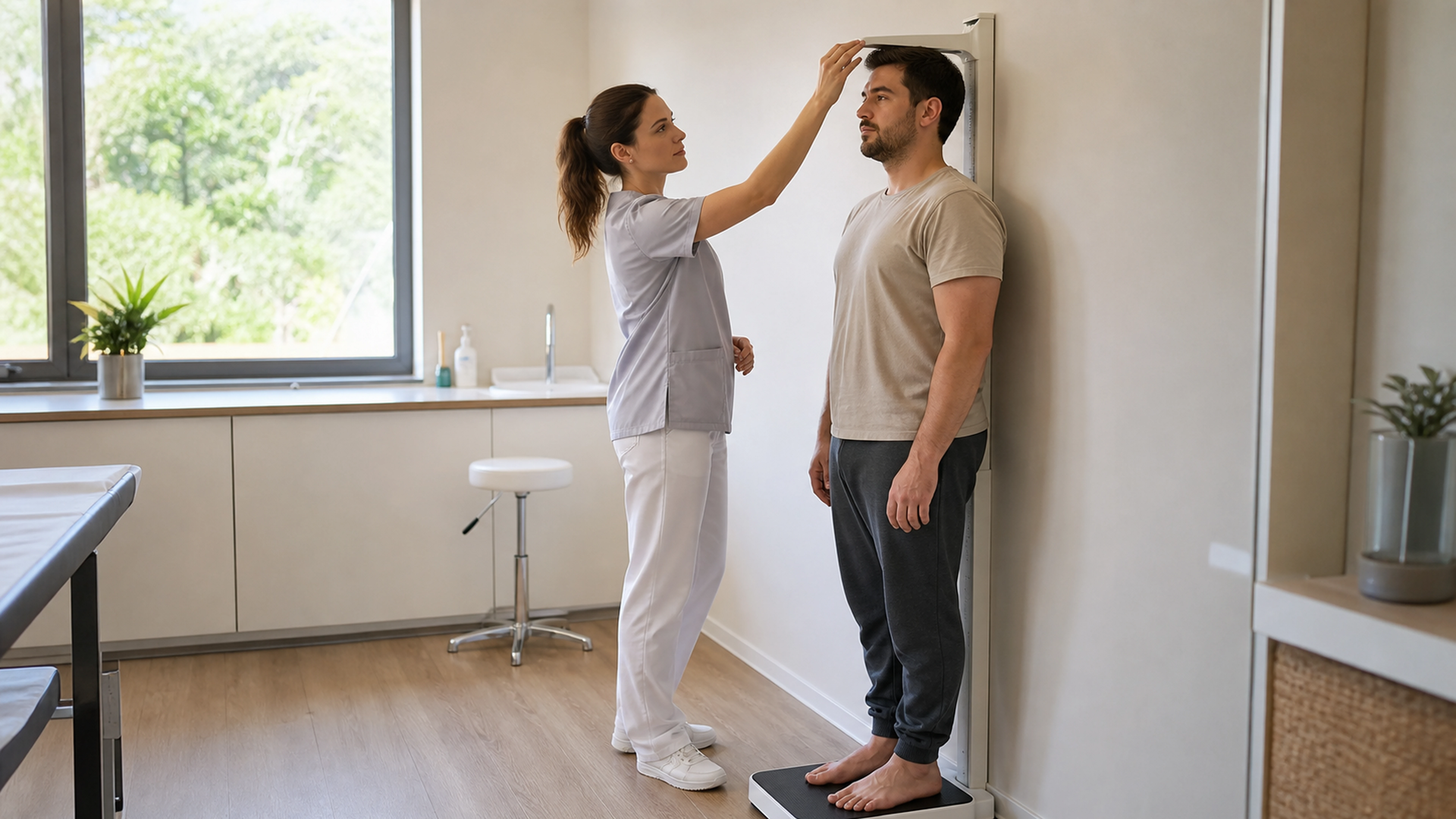 Professionnelle de santé mesurant la taille d’un adulte debout sur une balance médicale