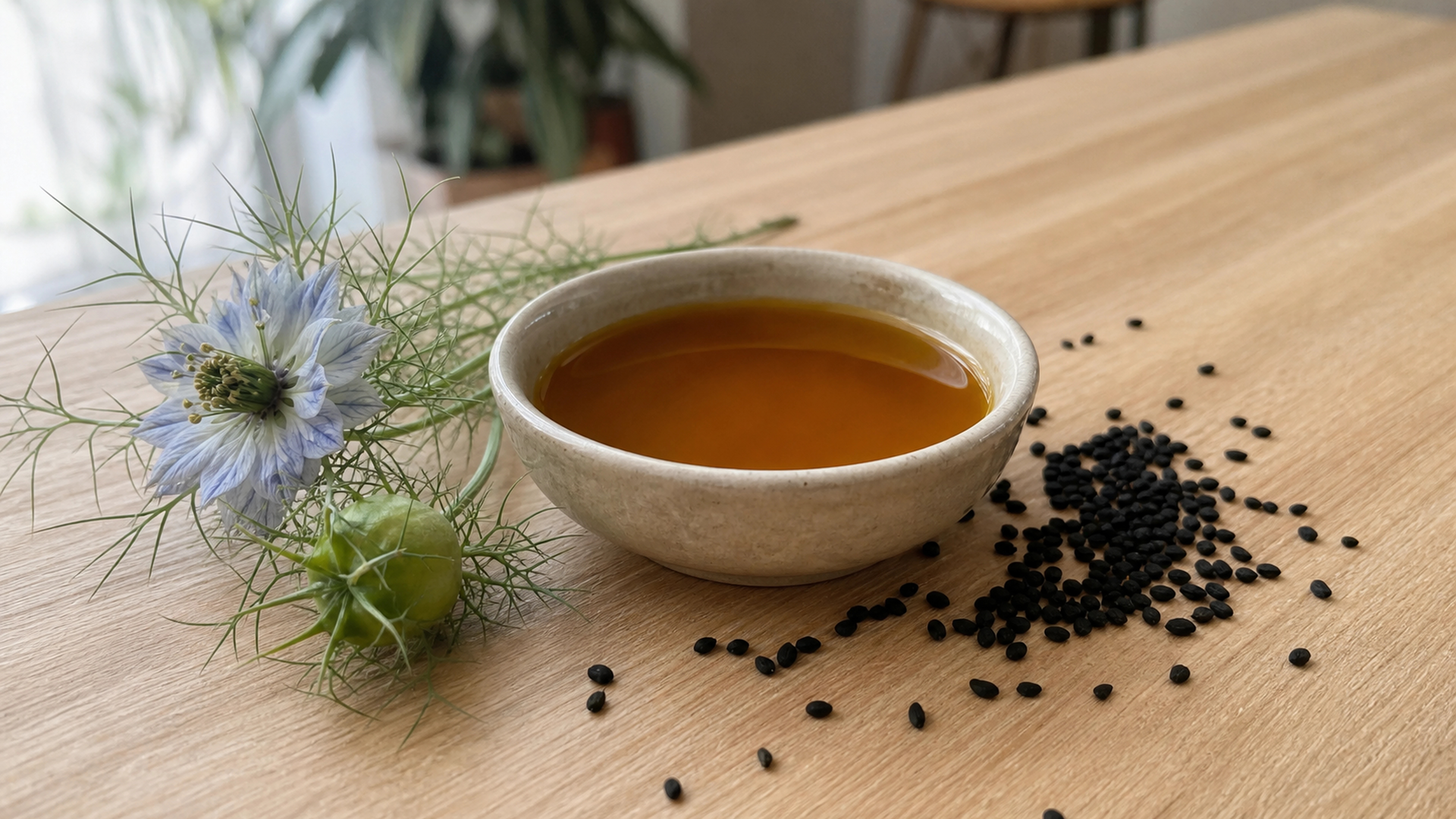 Huile ambrée, graines noires et fleur de Nigella sativa sur une table en bois clair