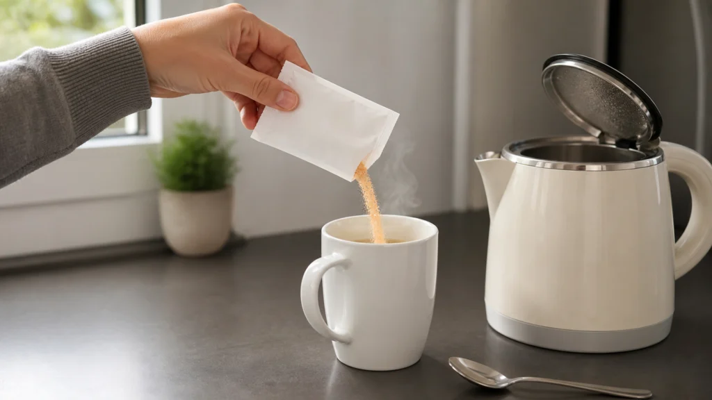 Préparation d’une soupe instantanée en sachet dans une tasse