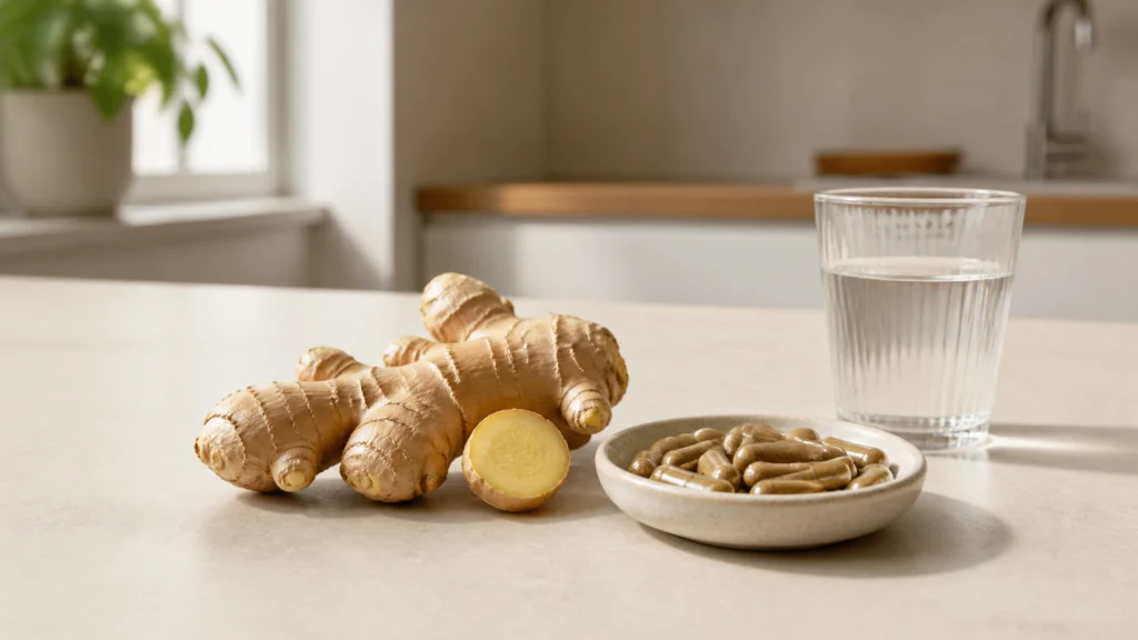 Rhizome de gingembre frais et gélules végétales non marquées sur une table claire