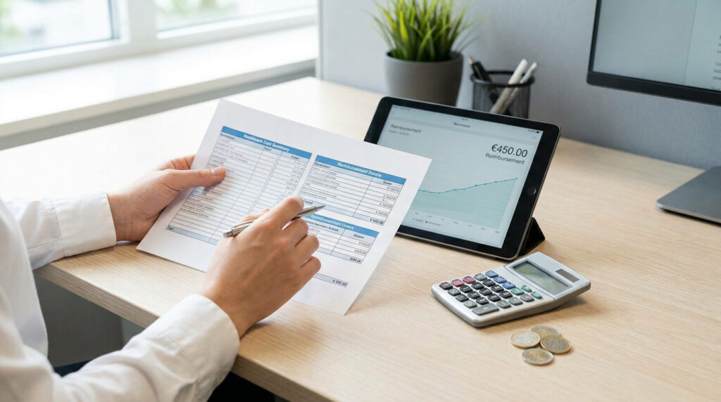 Une personne consulte un document financier et une tablette affichant un graphique de remboursement sur un bureau.