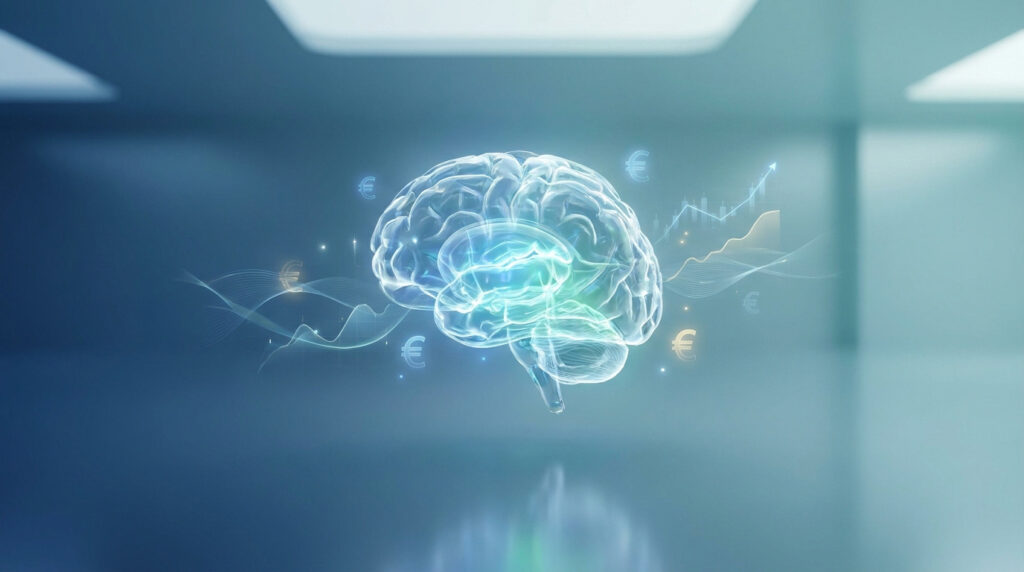 Représentation numérique d'un cerveau humain entouré de symboles monétaires et de graphiques financiers en arrière-plan.