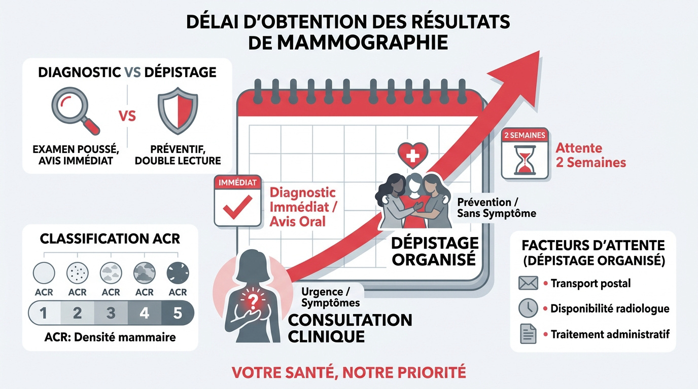 Schéma expliquant les délais de réception des résultats de mammographie entre dépistage et diagnostic