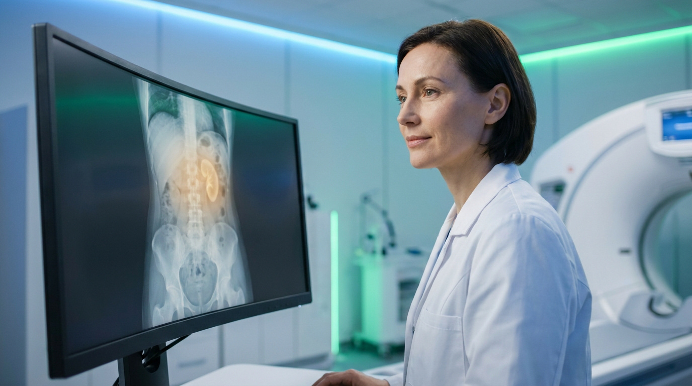 Une femme médecin en blouse blanche examine une radiographie abdominale sur un grand écran dans une salle d'imagerie.