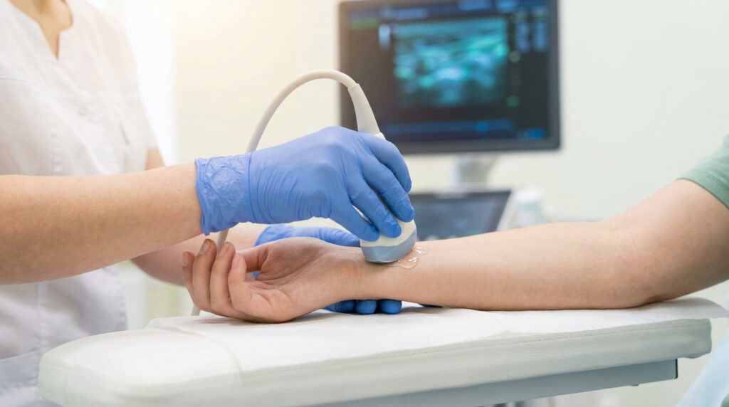 Un médecin effectue une échographie sur le poignet d'un patient avec une sonde médicale et du gel.