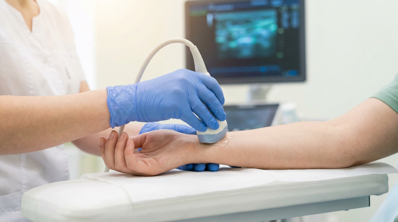 Un médecin effectue une échographie sur le poignet d'un patient avec une sonde médicale et du gel.