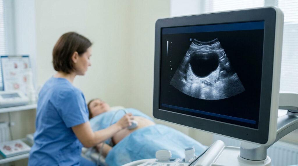 Une échographiste examinant une patiente avec une image d'échographie affichée à l'écran montrant une zone anéchogène.