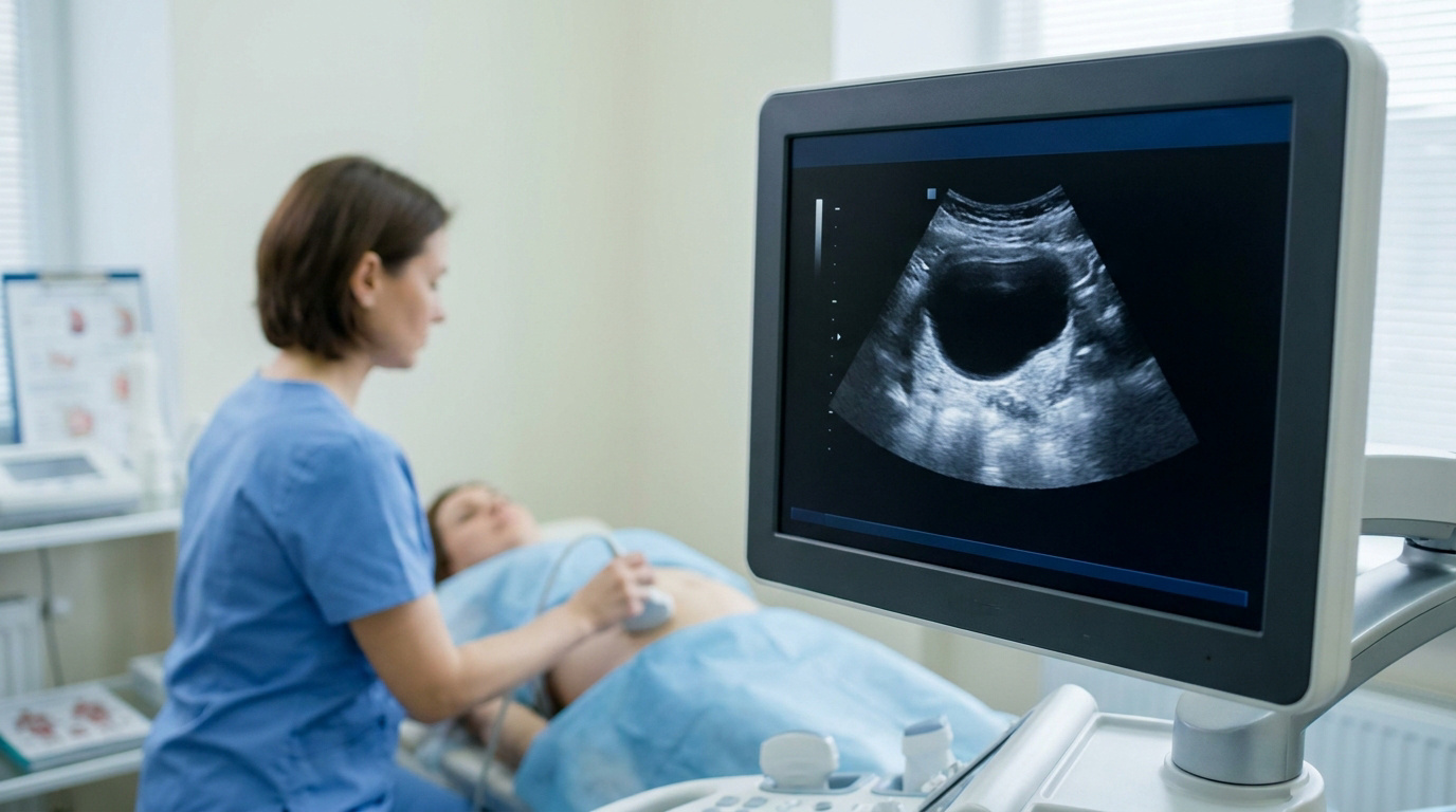 Une échographiste examinant une patiente avec une image d'échographie affichée à l'écran montrant une zone anéchogène.