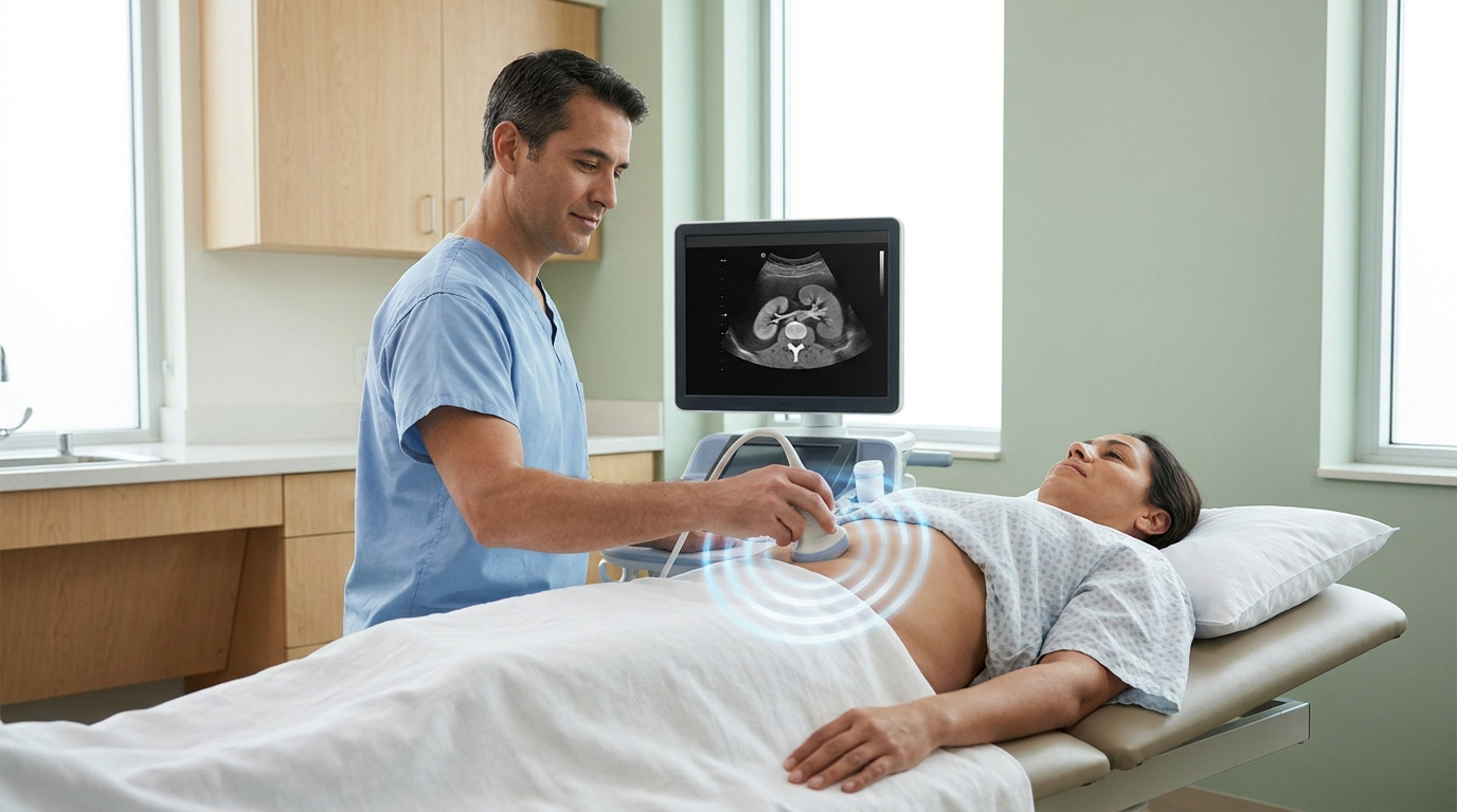 Un médecin effectue une échographie abdominale sur une patiente dans un cabinet médical.
