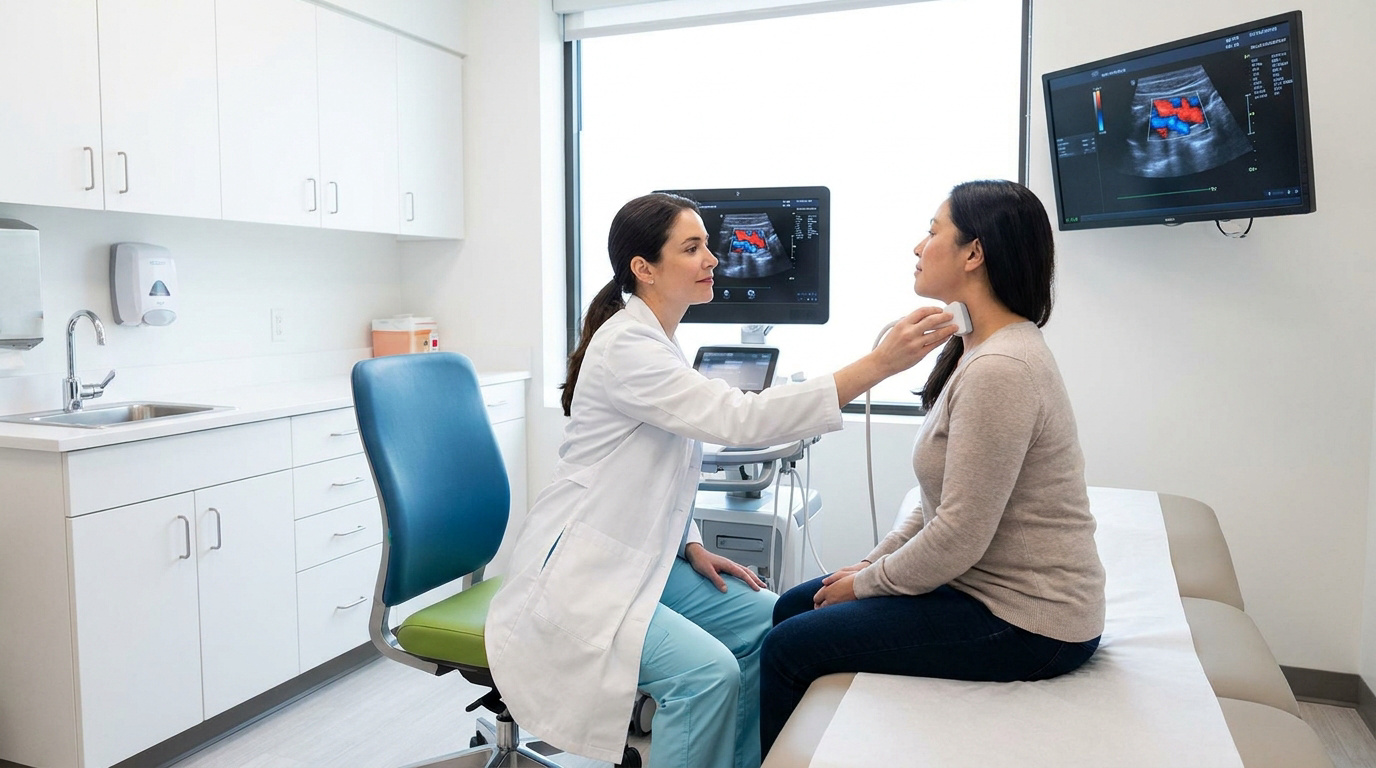 Une médecin effectue une échographie Doppler sur le cou d'une patiente dans un cabinet médical.