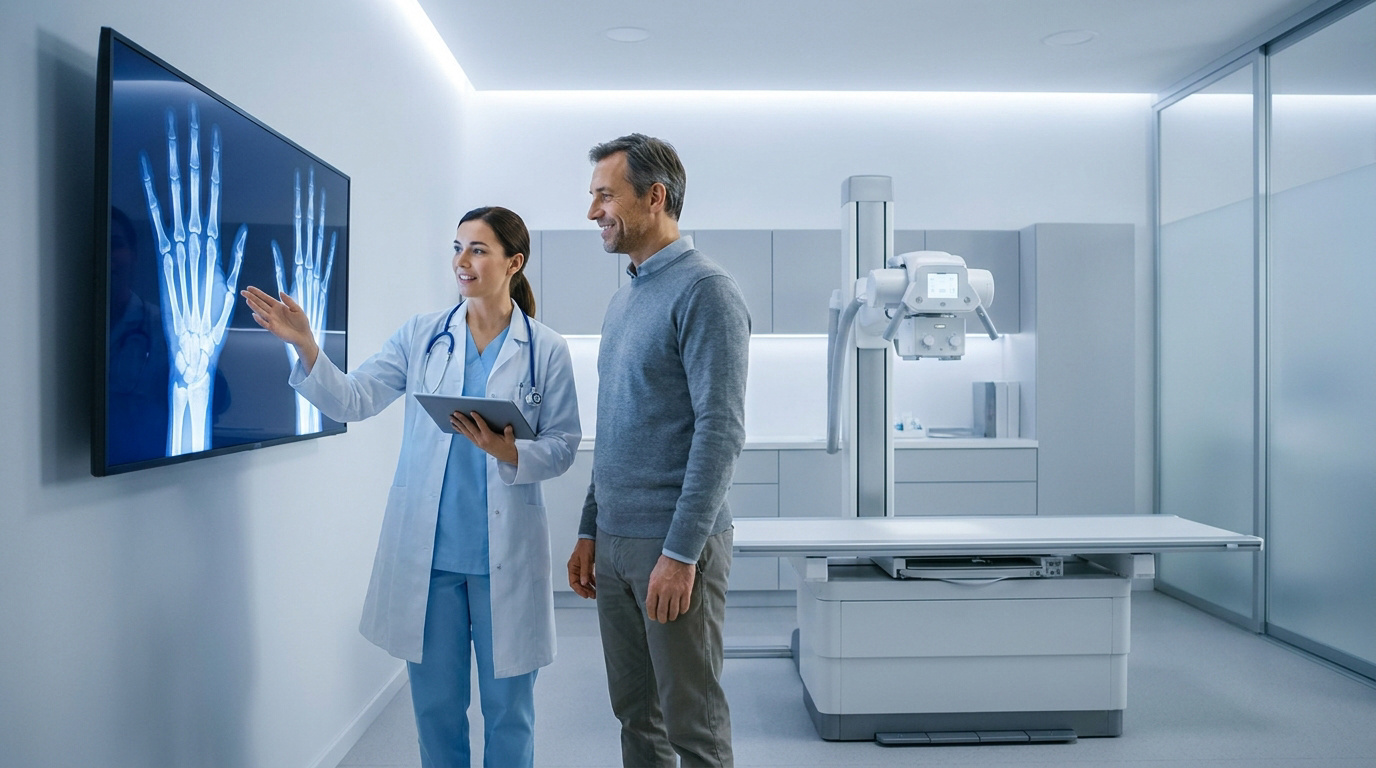Une radiologue explique les résultats d'une radiographie des mains à son patient dans un cabinet médical moderne.